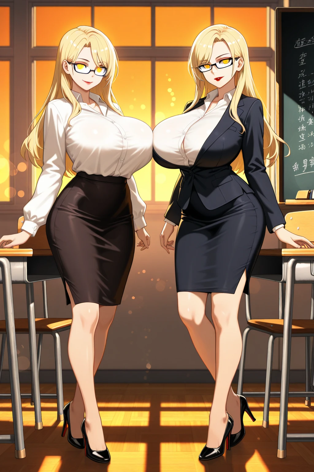 2heads, a tall thin woman with 2 heads. She has enormous breasts. She is wearing business attire. She is in an executive office. Laying on back, laying on desk. Straddling viewer, having sex with viewer. She has enormous fat breasts. She looks nerdy. Large circular glasses. She is smiling wide. She looks drunk. She has messy hair. She has giant hard nipples. She has gigantic fat breasts. She is very tall and thin. She looks young. Blushing, aroused. Drunk, intoxicated.