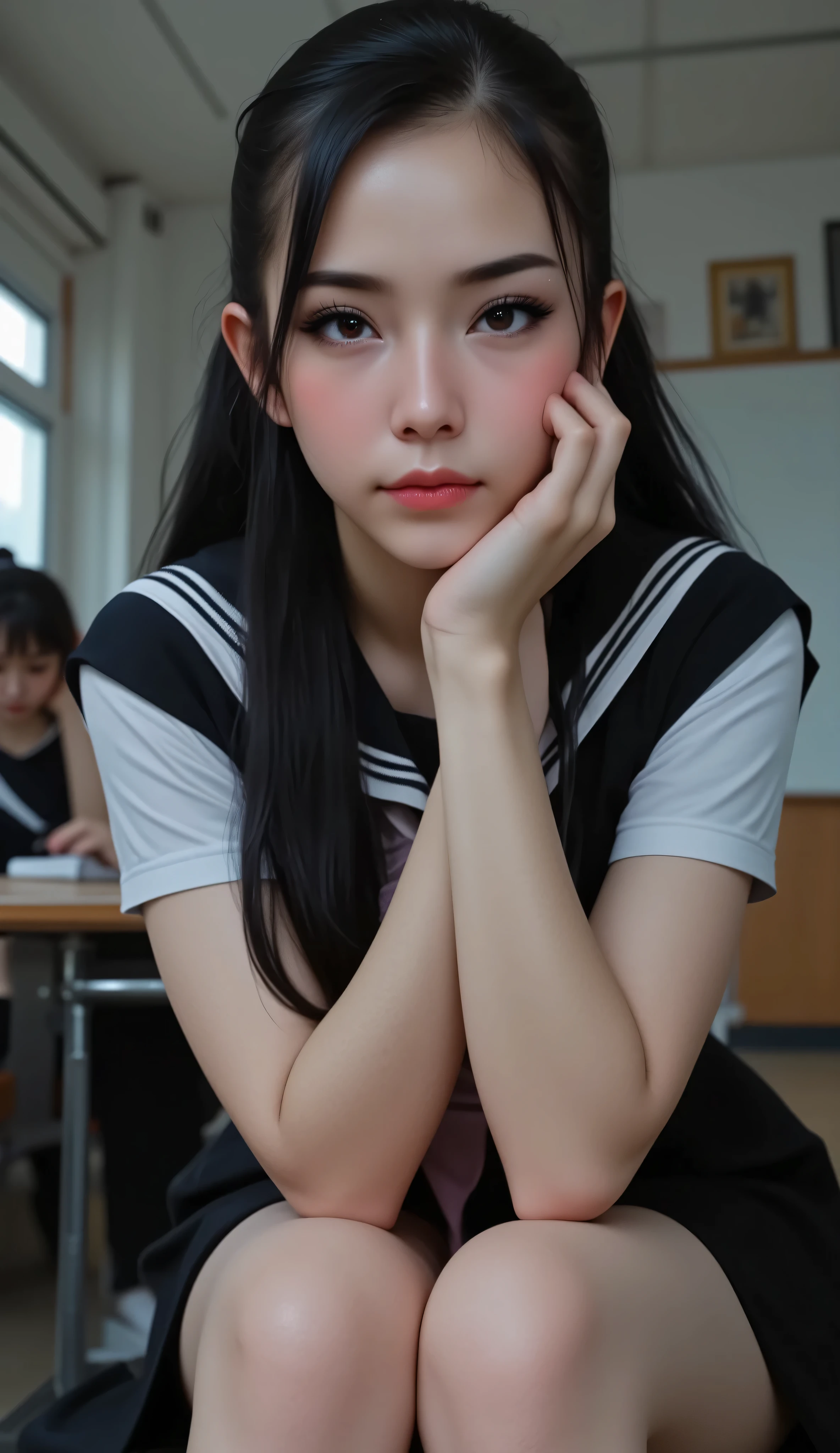1 gothic schoolgirl, identification photo,(bilateral symmetry:1.5),1gothicgirl,A seductive and erotic 21-year-old female pervert,anri okita,sexy, enchanting,(make up:1.3),make up,black eyelashes,eyeliner, eyeshadow, seductive moaning lustful expression, flowing black long hair,Enhance,straight black hair,hime cut, striking pink-red eyes,beautiful eyes, school girl black sailor uniform,white top, sneakers,head resting on hand, she wants to be on her own, sad, looking down, sittting,crossed legs,classroom,low angle.REALNIME,BEAUTY V2, feminine beauty, beautiful face and mesmerizing beauty:1.2,seductive, warm and detailed eyes:1.2, stary eyes:1.5, longfade eye brows, remarkable detailed pupils, dark kajal and long dark eye lashes:1.5, long dark eyebrows and dark heavy eyeliner:1.5, Matte eyeshadow and mascara:1.5