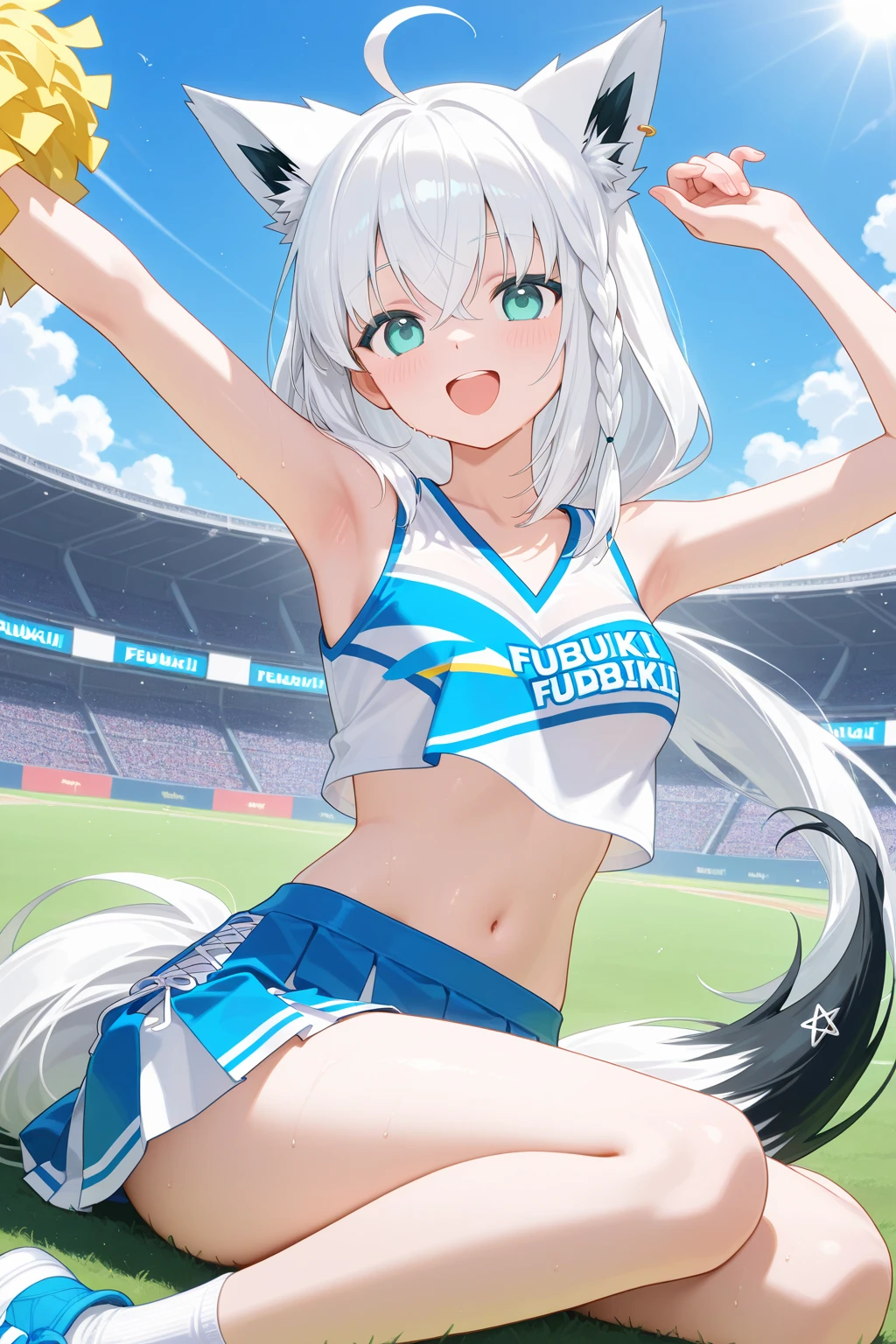 index, index, (green eyes:1.5), silver hair, long hair, (flat chest:1.2),ponytail,smile,blush,open your mouth,(cheer leading), (whole body),animal ears Cat ear,Animal tail cat tail,lower, (sweaty), sweaty Wet Clothes, (white clothes), , Navel support, playground, (jump), (jump), 足を曲げてjumpする, air, blue sky, Grass原, smile,Cheerleader, pom pom \(cheer leading\), Grass, smile,
break looking at viewer, Upper body, whole body,
break indoors, stadium,
break (masterpiece:1.2), highest quality, High resolution, unity 8k wallpaper, (figure:0.8), (detailed and beautiful eyes:1.6), highly detailed face, perfect lighting, Very detailed CG, (perfect hands, perfect anatomy),