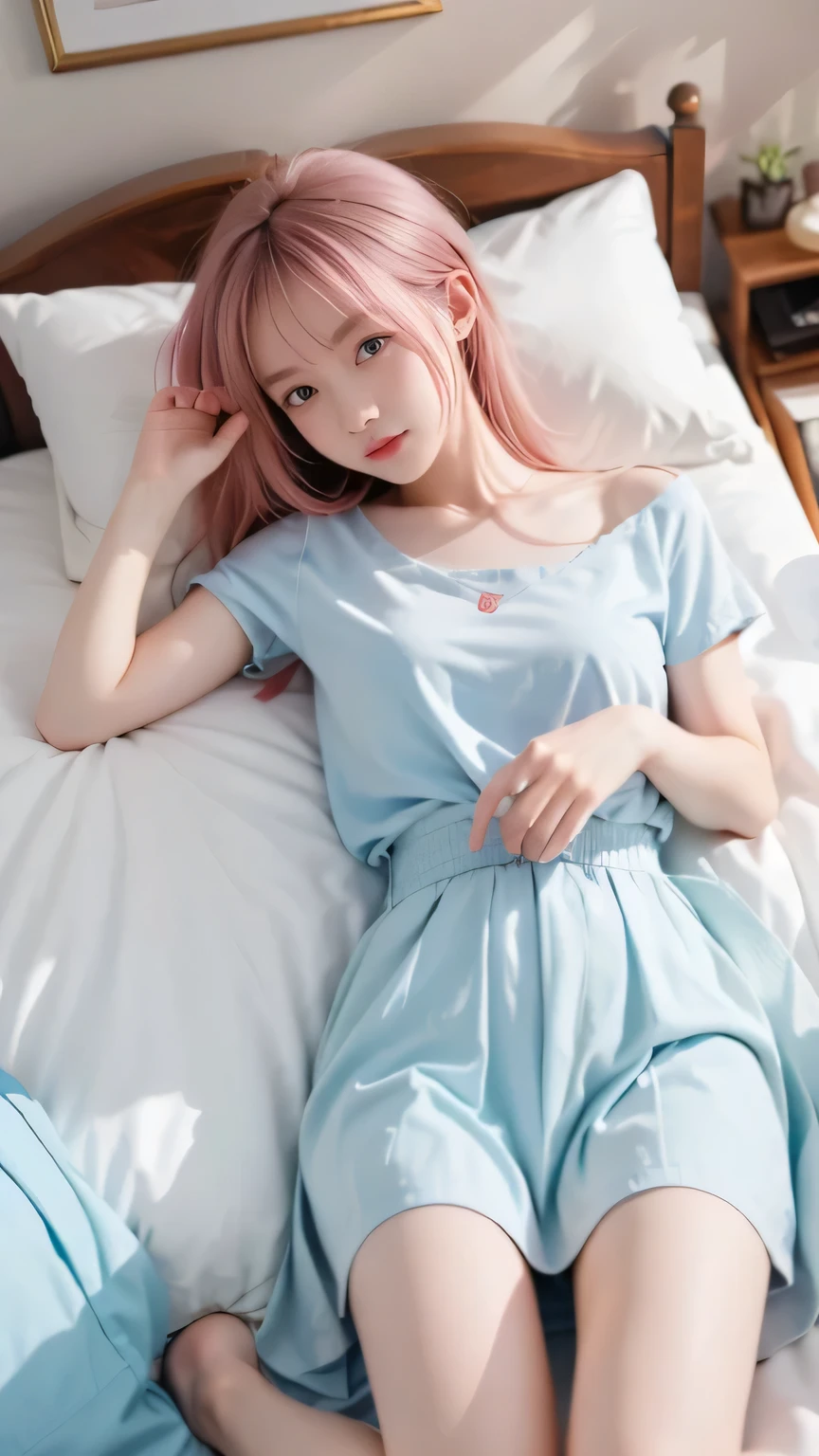 pink haired anime girl lying in bed wearing a blue shirt, charming anime girl, cute anime girl, Detailed Digital Animated Art, cute realistic portrait, Soft Animated Illustrations, Gwyds, do, best anime 4K Kona-chan wallpaper, Beautiful Anime Girls, artwork in the style of Gwyds, holding a camera and taking pictures smooth animated CG art, (Detailed Handshake:1.3, Perfectly Right Hands:1.3), (Detailed Eyes and Faces:1.2), (perfect anatomy), (top quality, best quality, 傑do), photoreality, Ultra High Definition