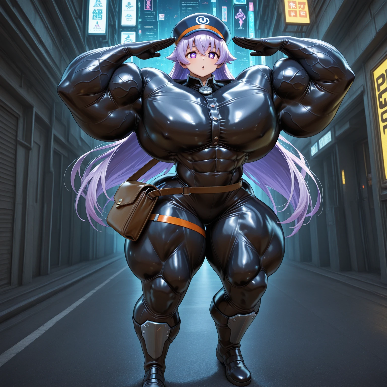 8k, highres, high contrast, highly detailed,(best quality, masterpiece:1.2), 1girl, obese owmaker, bodysuit:1.3, full body, outdoors, street, street light, neon,