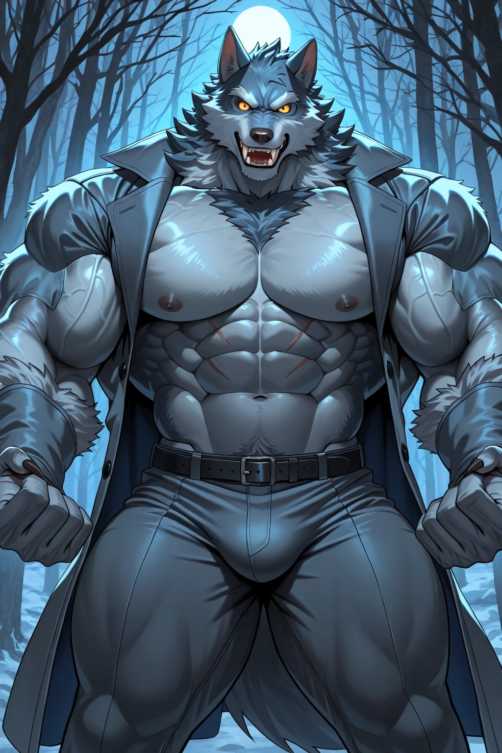 (full body shot), (realistic style), (furry), (humanoid), male wolf, full body black fur, red eyes, perfect muscular body, and biggest muscles, biggest pecs, and biggest thighs, wearing black leather pants and red leather jacket, no shirt, realistic forest background
