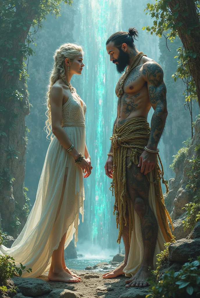 Sacred rebels, an extremely attractive couple. Dark bearded bald shaman man with muscular upper body bare. Blonde fairie-like extremely beautiful woman dressed in pink. Side by side, facing the camera, looking into the camera.