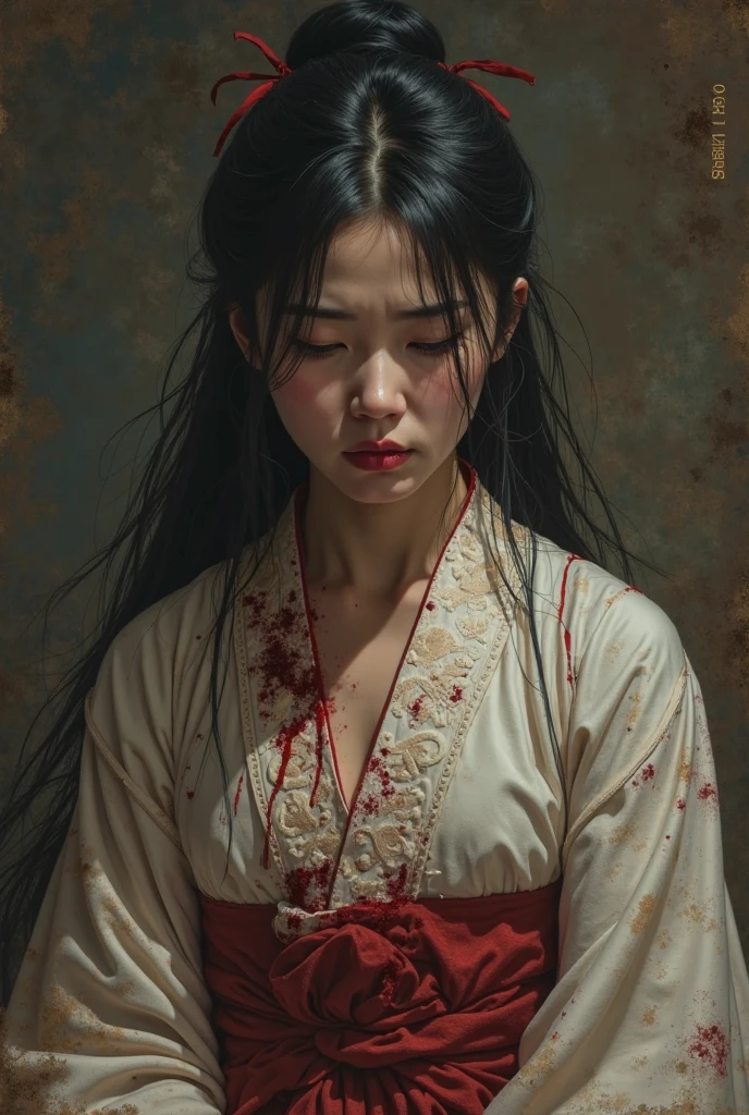 Asian women with sexy torn apart kimono dying, almost die, died laying at the battle ground blood spurt out from her wound, naked, nude, death by stabbed at her chest, stabbed chest, with a sword, the sword stuck at her chest covered of blood body, blood spurt out from her wound