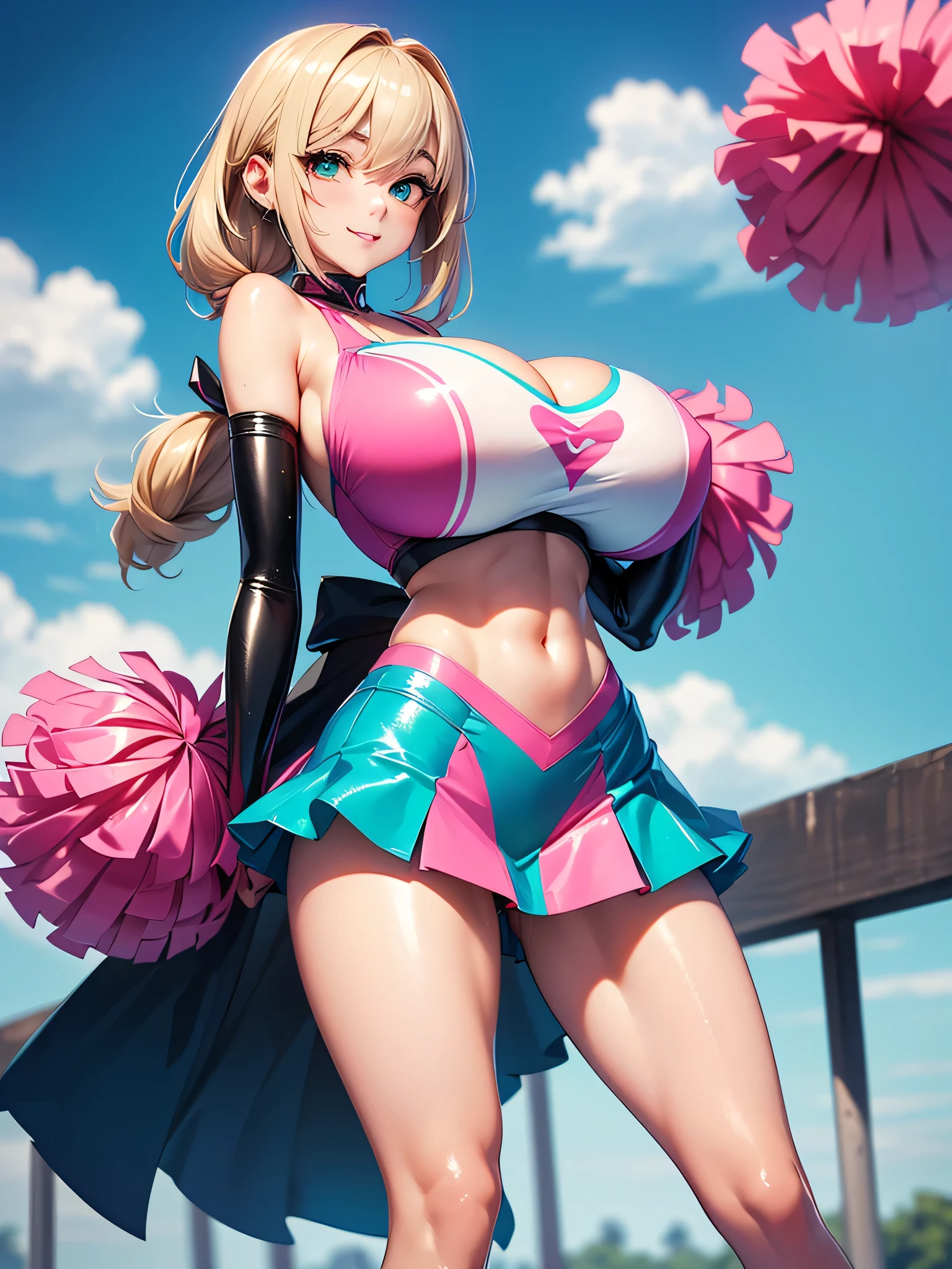 Highest Quality, masterpiece, beautifully detailed eyes, lightly curled Blonde Hair, Gradient Hair, pink highlights in hair, makeup, glossy lips, full lips, medium breasts, (cheerleader), cleavage, collarbone, midriff, (school field), smirk