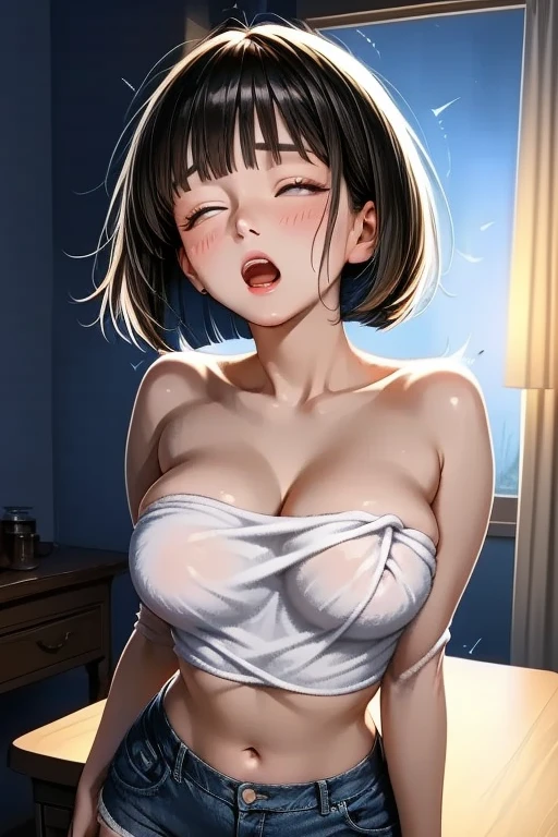 nsfw:0.5, (((HHH))), a precious special eroticism porn scene, Express all her emphasized feelings through her facial expressions and posing,
ultra masterpiece, ultra high quality, spectacle scale, photorealistic:1.3, ultra high resolution, described in ultra fine detail down to the minutiae, sharp, clearly, textured, depth of field, professional composition and lighting, (close-up shot), from below,
sexy, sensuous, erotic, eros, horny, sexually aroused, craving:1.1, (panting), messy, loose, sticky slimy, (raw), shiny, glaring, rich in color,
high grade flashy courtesan, (looking up and (enraptured:1.1 rapt:1.1 (half-open)) bedroom eyes to downward camera view)),
wearing wrinkled (((vivid bright color (shiny satin) sexy pajamas dress))), skindentation, Wedgie, erect nipples, itching pussy,
beautiful sexy face, detailed mouth:1.1, detailed too shiny lips:1.1, large firm breasts, Delicious body, oily wet translucent skin, messy loose (updo) with side-swept bangs hair, gold simple necklace earrings,
((blush)), (((sweat))), a little particle sweat drops, (((steam))), ((sigh)), ((((drooling)))), (((((ecstasy))))), ((((orgasm)))), (((ahegao))), ((((cum on body)))),
((blissful:1.5 ecstatic expression:1.1)), oral vagina, Drooling slimy tongue, Give me her special H service that captivates boys, ecstatic attentive escort service energetically, late night when sexual desire increases, Her sexual energy has increased, Anyway she is a very intense pervert,