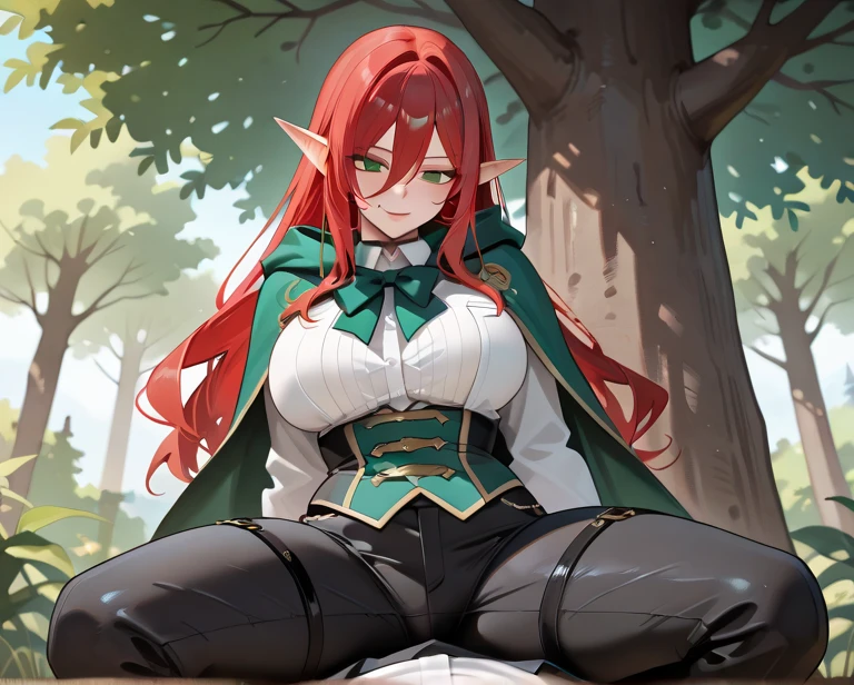 masterpiece, best quality, hapi_timeskip, green cape, earrings, green dress, corset, pelvic curtain, cross-laced boots, large breasts, forest <lora:hapi-nvwls-v3-000014:1.0>
