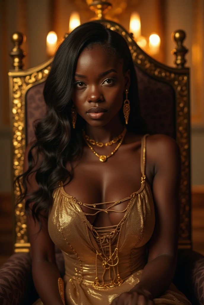 dark skin woman, orange eyes, Green and blue dress from the Victorian era, long black hair, pastel red lips, a ring on your finger, a gold necklace