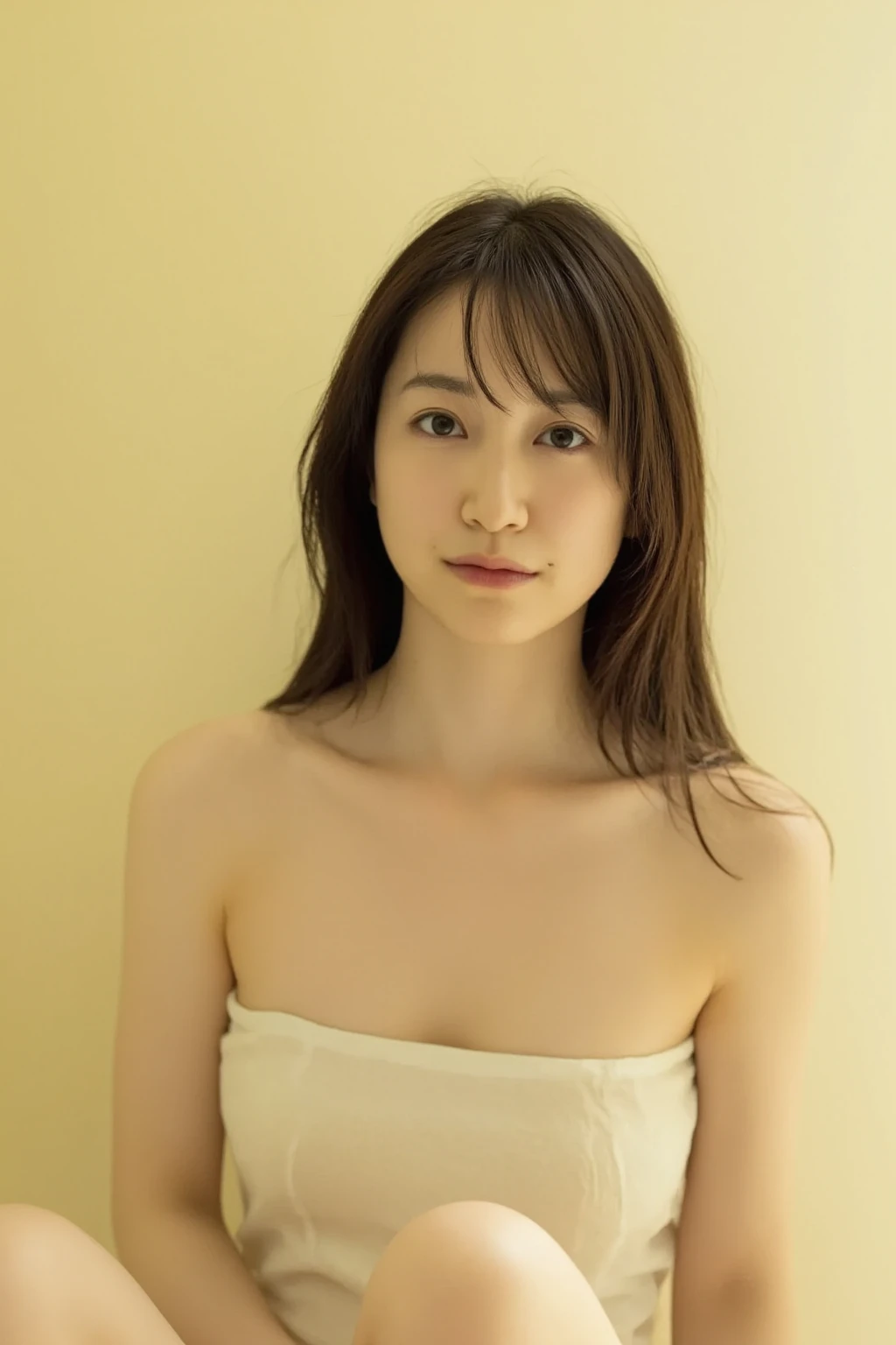 Completely naked、Completely naked‼︎、highest quality, masterpiece, 8K, realistic, High resolution, detailed face, fine eyes, japanese woman, 40 years old, cute face, toned body shape, thin waist, ((view audience)), slightly disheveled hairstyle, plain background