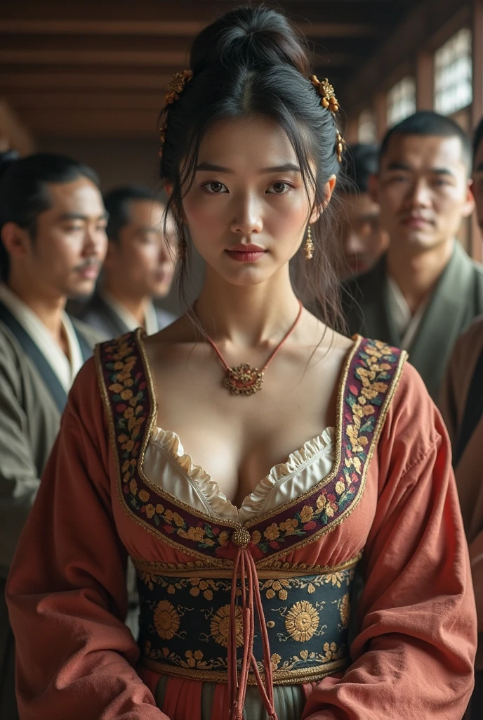 Beautiful woman、Very large breasts、kimono、Watching the audience、A determined face