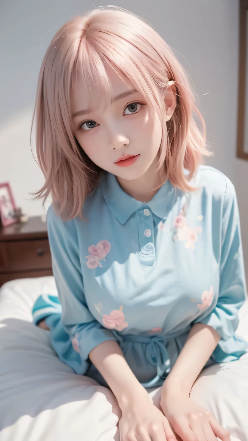 pink haired anime girl lying in bed wearing a blue shirt, charming anime girl, cute anime girl, Detailed Digital Animated Art, cute realistic portrait, Soft Animated Illustrations, Gwyds, do, best anime 4K Kona-chan wallpaper, Beautiful Anime Girls, artwork in the style of Gwyds, holding a camera and taking pictures smooth animated CG art, (Detailed Handshake:1.3, Perfectly Right Hands:1.3), (Detailed Eyes and Faces:1.2), (perfect anatomy:1.2), (detailed legs on the wall:1.3)