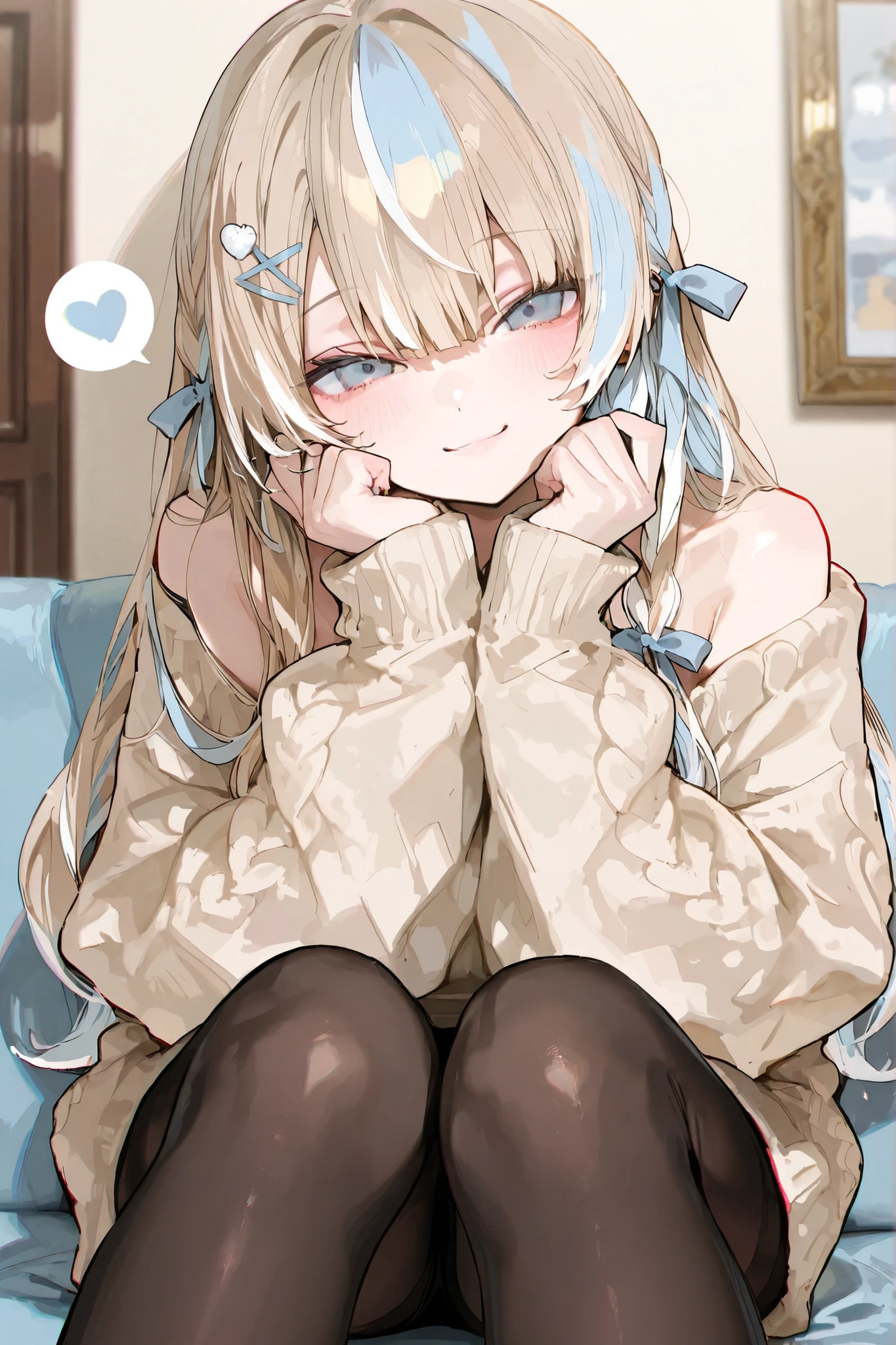 whnzz, enosan, masterpiece, high quality, best quality, detailed eyes, detailed hair, detailed skin, 8K, fine detail,  (masterpiece:1.2, top quality), detailed background, masterpiece, Rutting Eyes, aegyo sal, Masterpiece, Highest Quality, solo,  yoneyama mai, blurry, chromatic aberration, portrait, close-up, aegyo sal, whnzz, mnmbcstyle, 1girl, two tone color hair, cream color hair, light brown color hair, long hair, hair on shoulder, hair ornament, light blue eyes, smile, spoken heart, oversized sweater, in modern room, sitting on sofa, black pantyhose, cute girl, light blue ribbons on sleeves