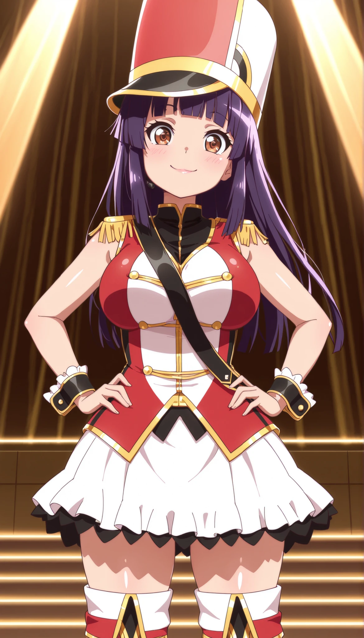 score_9, score_8_up, score_7_up, source_anime, solo, 1girl, looking at viewer, absurdres,highres,masterpiece,best quality,amazing quality, ultra detailed anime style, anime coloring, shiny skin, perfect eyes,detail1eye,well-defined fingers, AoiIzumizawa, brown eyes, purple hair, long hair, blunt bangs, antenna hair, large breasts, kokorohhw, hhw skirt, hhw shako cap, hhw band uniform, hhw wrist cuffs, hhw thigh boots, smile, closed mouth, rouge lips , on stage ,hands on hips,from front