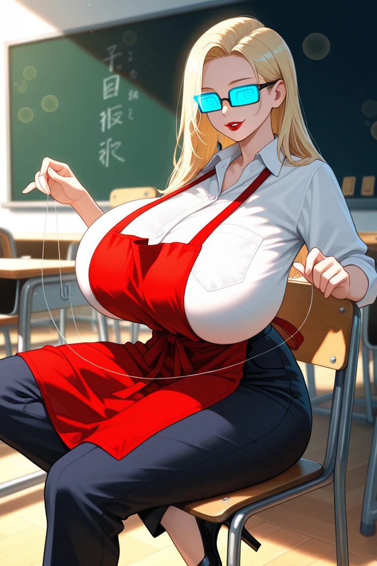 (young brunette teacher in front of board), (bright red long sleeve wool shirt mini dress, see through), black glasses, natural saggy boobs, big thick hips, (huge puffy nipple), math equations on board, (writing on chalkboard) , ((hair tied into bun)) , serious face, slightly upset, cute nose, cute face, high quality, UHD, Masterpiece, white pantyhose, no panties, light and dark, light and shadow, (strong stance)