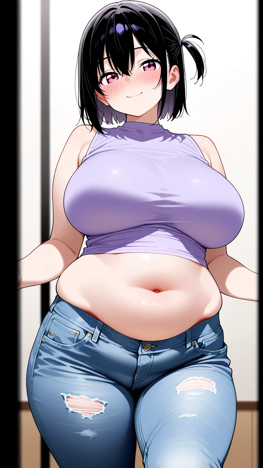 (((kipteitei art))), ((masterpiece)), (((best quality))), ((ultra-detailed)), (((illustration))), detailed face, detailed body, ultra cute face, (((1girl))), ((solo)), ((Line art)), (in the style of cell shaded), (vivid colors), skindentation, medium hair, brown hair, ponytail, blue eyes, (((fluffy hair))), looking at self, nervous, embarrassed, (blush), ((white crop top)), jeans, (((tight jeans))), (medium breasts), cleavage, perky breasts, (((wide hips))), ((((thick thighs)))), pudgy, (belly hang), (((soft belly))), school hallway, 20 year old girl