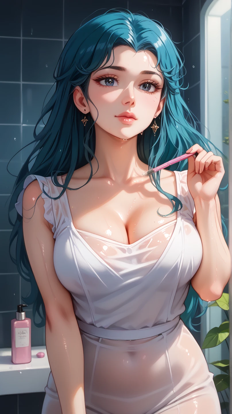 Stunning woman , orange eyes , light blue hair , thick eyelashes, small waist, extremely long hair , hair in a ponytail, has bangs , has blush , age 23

Dressed like a baddie , big hair , long eye lashes , sexy dress , cleavage , blow out hair style , make up , 

City background,

(masterpiece, best quality )detailed, 1Character ,  pastel washed out colors , cell shade , soft, muted shades ,gentle colors ,