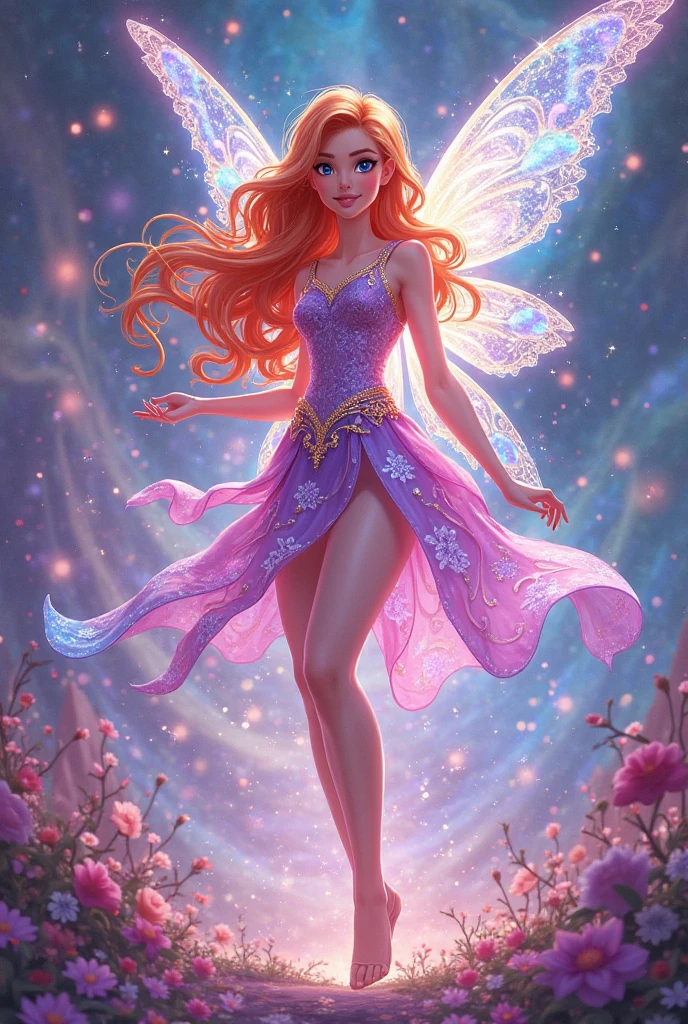 Bloom from *Winx Club* is a character with bright, fiery red hair that flows in loose waves. She has blue eyes and a fair complexion. Her outfit typically includes a blue and pink fairy dress with sparkling accents and butterfly or star motifs. She often wears matching accessories like a headband and shoes. Bloom’s overall look is vibrant and magical, reflecting her powers as the Fairy of the Dragon Flame
