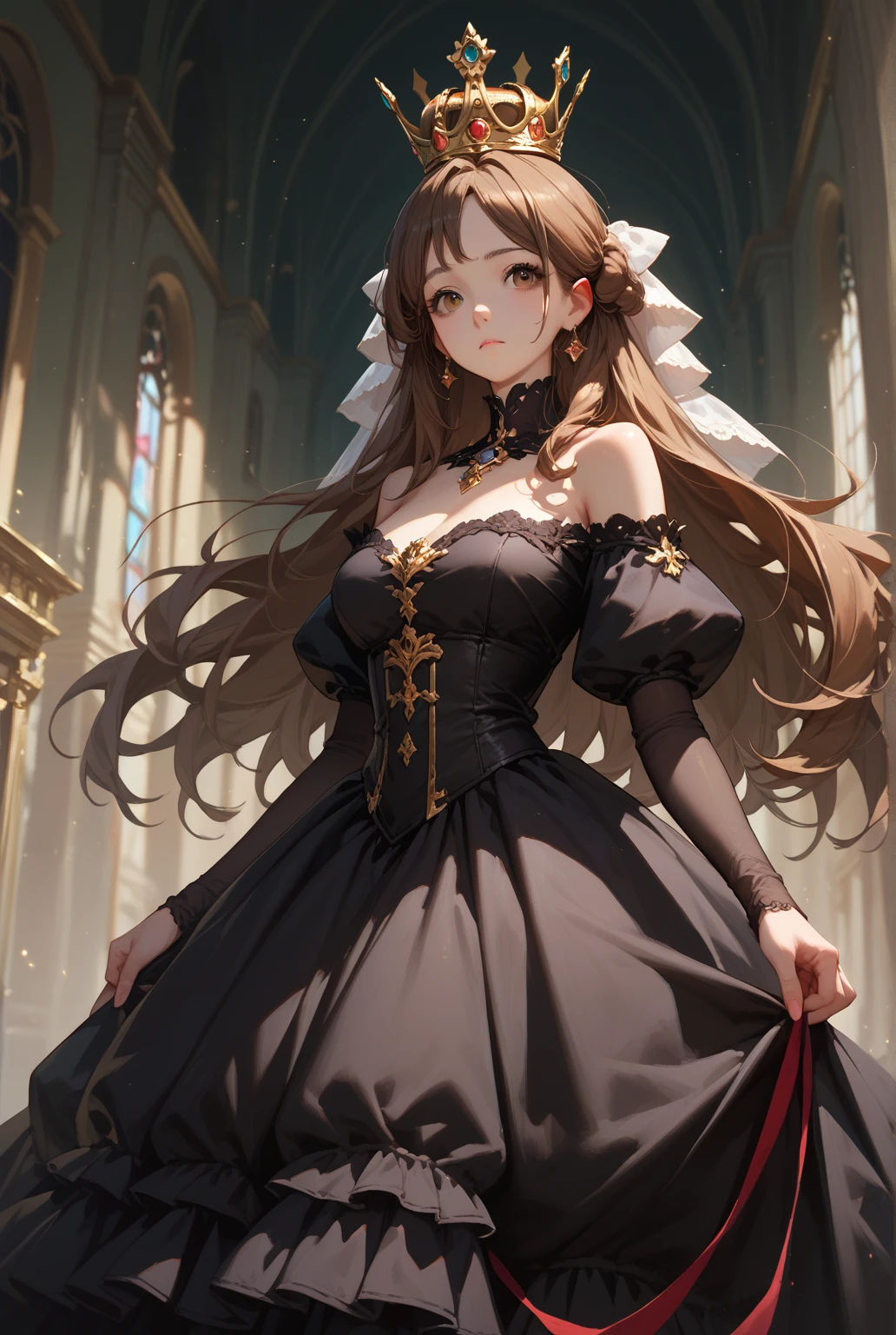 ((Highest quality)), ((masterpiece)), (detailed), (Perfect Face)、The woman is Princess Leona, with long light brown hair and a gorgeous, sexy and seductive black wedding dress with a gorgeous black wedding veil and gorgeous jewelry accessories.、In a luxurious church wedding hall, a woman is getting married, embracing the arm of a dignified and powerful middle-aged evil emperor dressed in a luxurious black outfit.、The woman has long hair