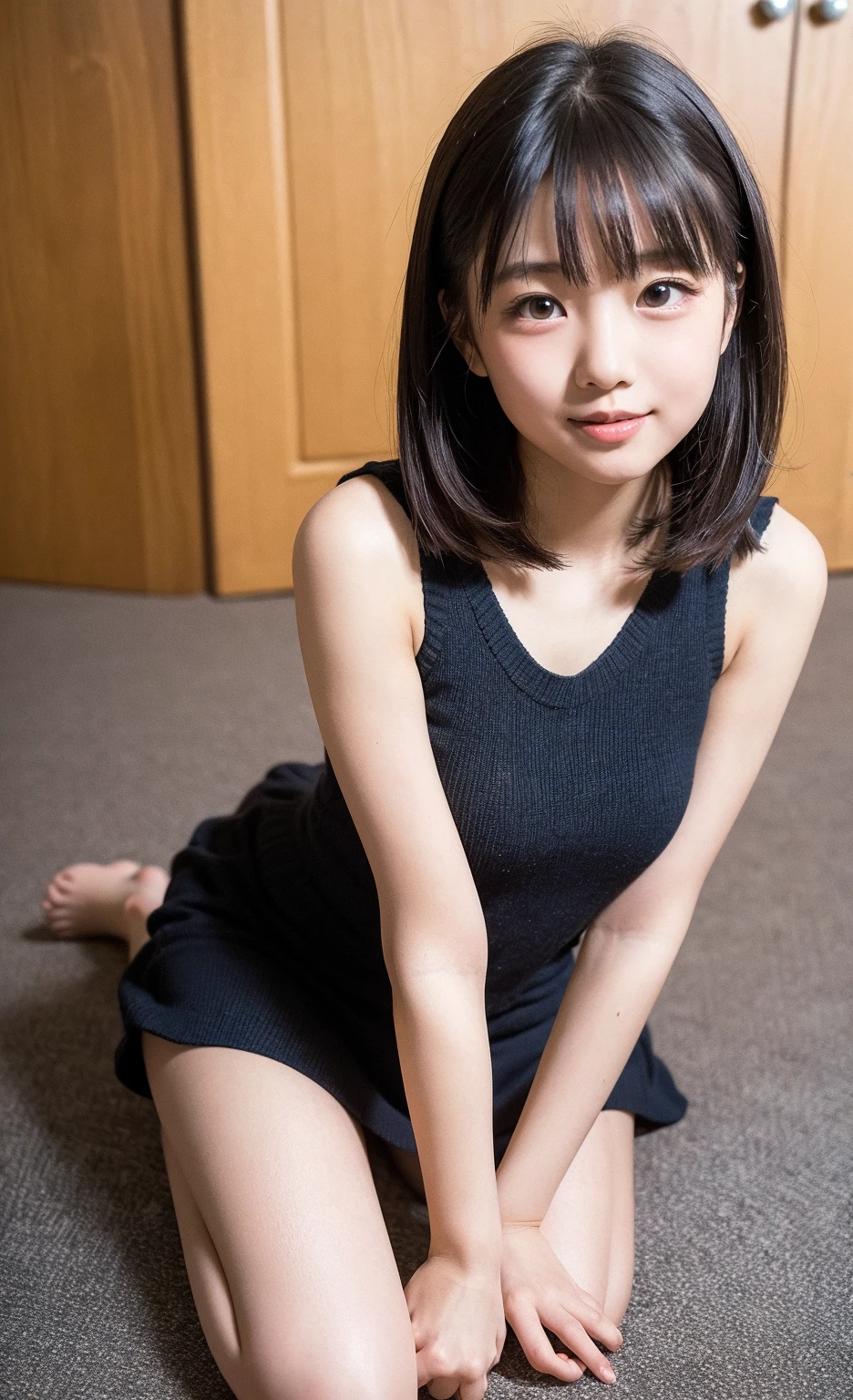 Little girl on top，Looking down，from below，sitting on the classroom desk，did not wear panties，Crotch view，Mocking expressions，Smiling，Lightweight slip dress