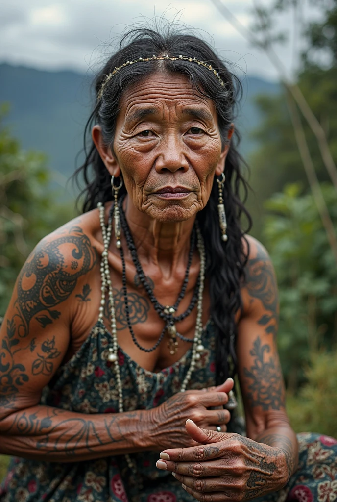 Realistic portrait of an elder woman,looking at viewer,upper body,deeply weathered face full of wisdom,traditional tribal tattoos,holding an ancient artifact,intricate details,in the middle of a dense forest,nature's depth of field,masterpiece,