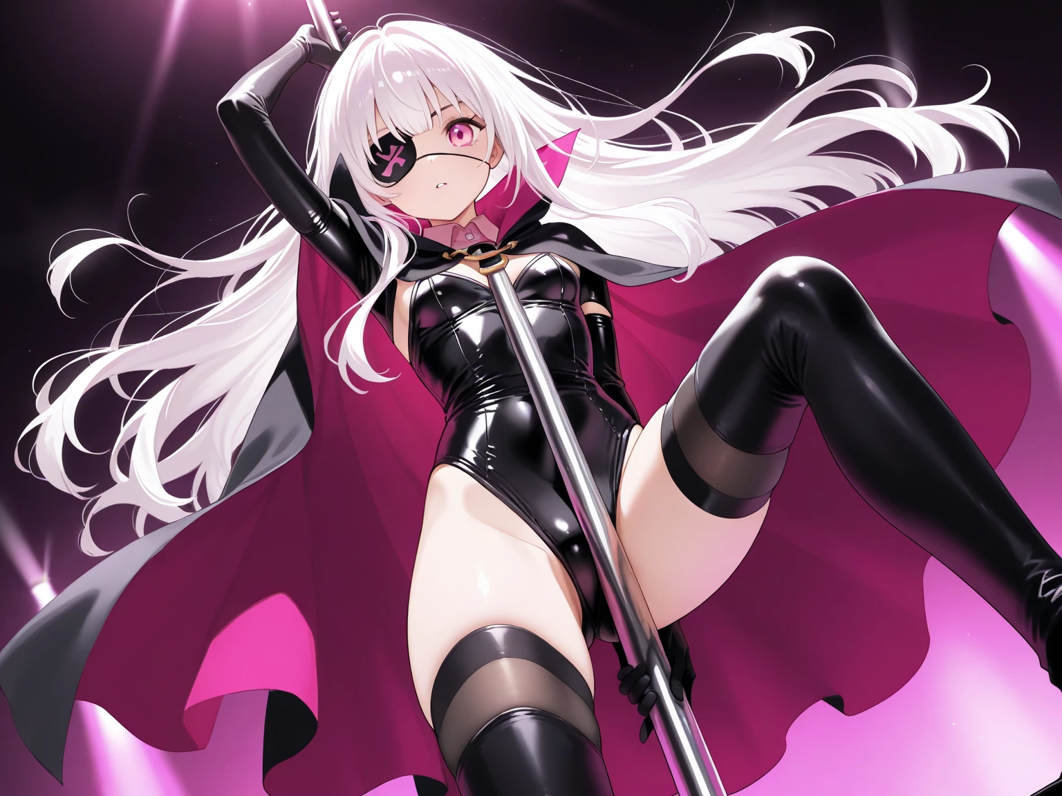 there is a girl dressed in a tight outfit holding a black object, 1girl, yukine chris, solo, rabbit ears, animal ears, breasts, long hair, playboy bunny, pantyhose, purple eyes, twintails, large breasts, fake animal ears, white background, cleavage, very long hair, full bodya very attractive anime women with long pink hair holds a knife and a pair of scissors, 1girl, yukine chris, solo, rabbit ears, animal ears, breasts, long hair, pantyhose, playboy bunny, microphone, purple eyes, large breasts, white background, twintails, cleavage, very long hair