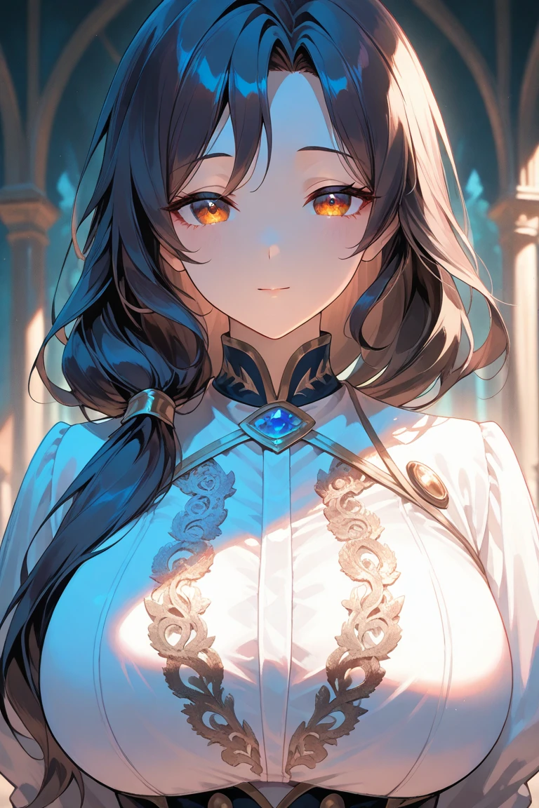 best quality, cute cat ears girl, Cute fantasy world light clothing, fantasy world temple, smooth skin, Sorry expression, Upper body is shown,