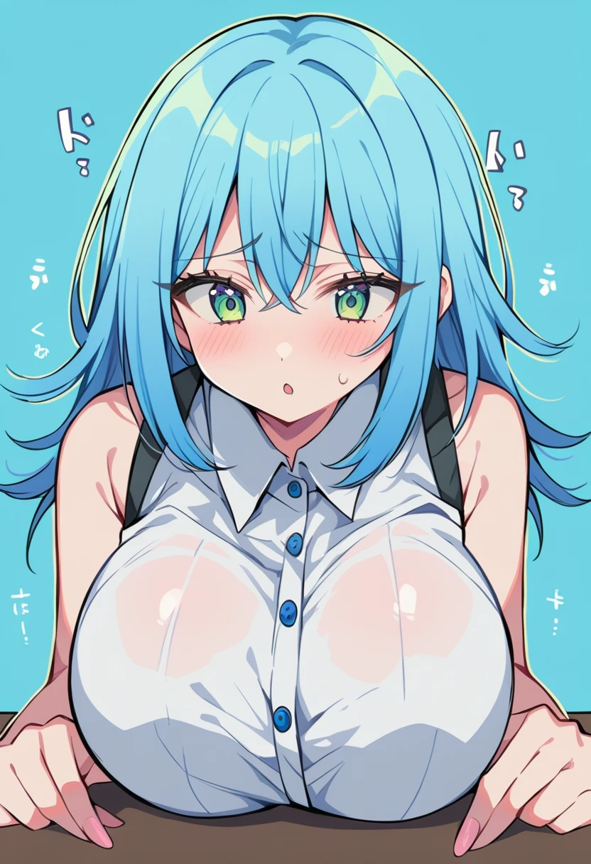 (((raise both arms above one's head))),(((put a t-shirt in your mouth)))，whitelace bra show off areola，side ponytail,blunt bangs,looking at viewer,hanging breasts,leaning forward,((upper body)),looking down，nsfw，screaming、(((crying))),show off nipple,areola slip,(white panties)),dirndl,medium breasts,((((shirt lift))))、((steam)),dirndl、Double bun,Long bangs、blue hair、short 、1 person、(blue hair)、青いeye、タレeye、 ((((Sweat))) 、white skin、(((blush)))