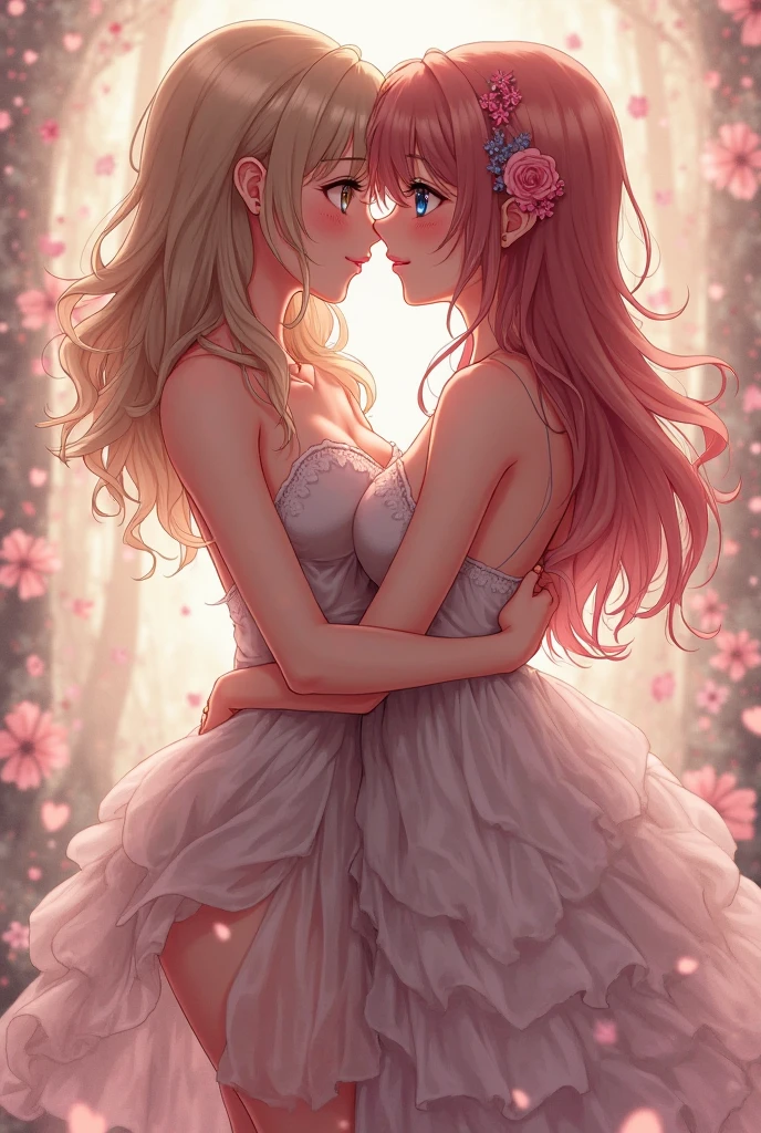 Very detailed CG Unity 8K wallpaper, Cute 2 lady, Mature hair、lady ,beautiful lady, pale skin (Super masterpiece, Beautiful person, well detailed face polluted smile, Photorealistic, hyper realisitic), 
(Pink gorgeous dress:1.7)、 smile、
Japanese background with light pink flowers and snow、Portrait、(Two women:1.5)、(The two kiss:1.5)
(ref Eyes)、(flat chest:1.2)、(Glowing Skin:1.7)、Detailed eyes、Big eyes、Open your mouth、Hide your arm、
