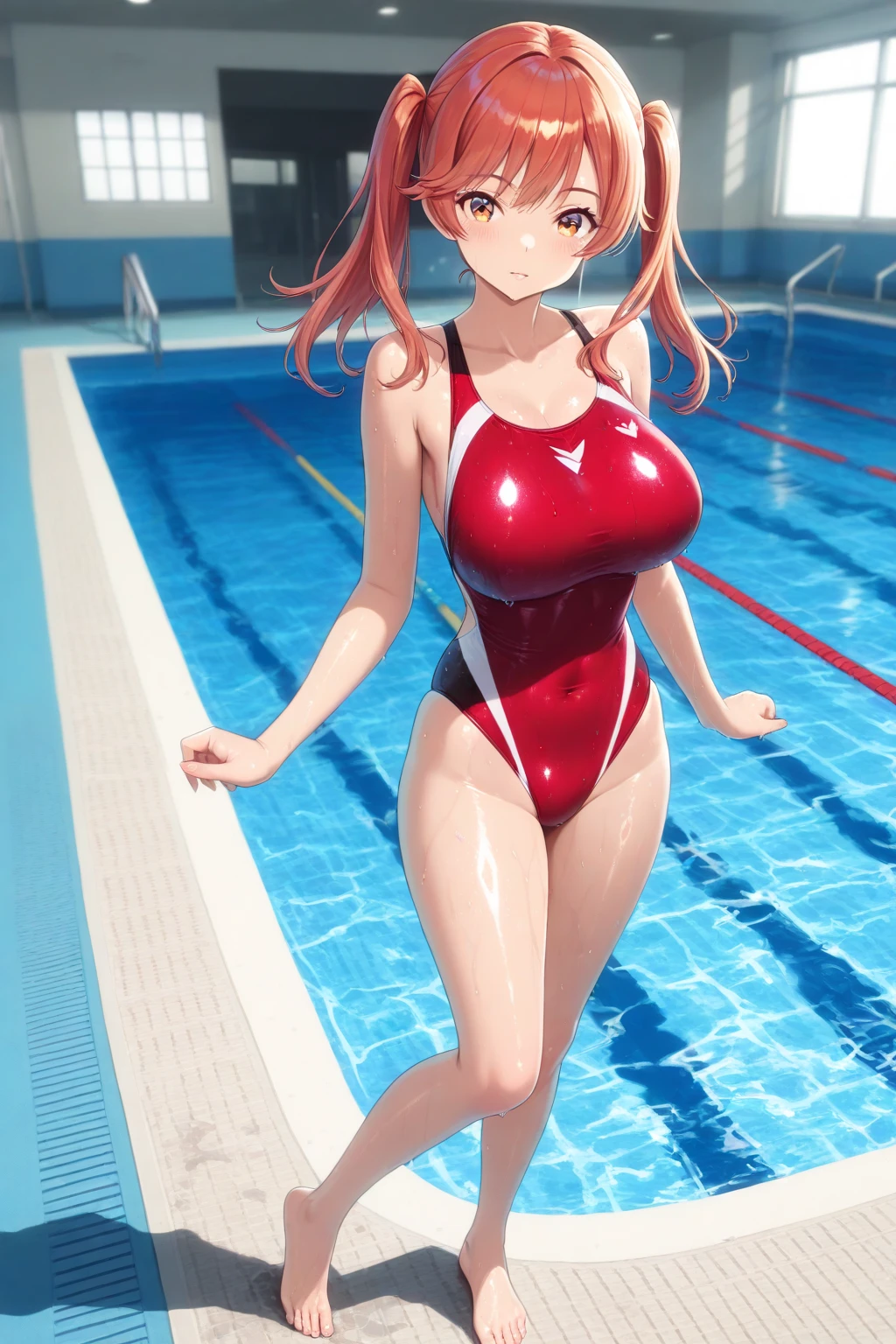 best quality, insanely detailed, nino nakano, red swimsuit, breasts, blush, swimming pool background, smile, spread legs, pussy,highleg leotard