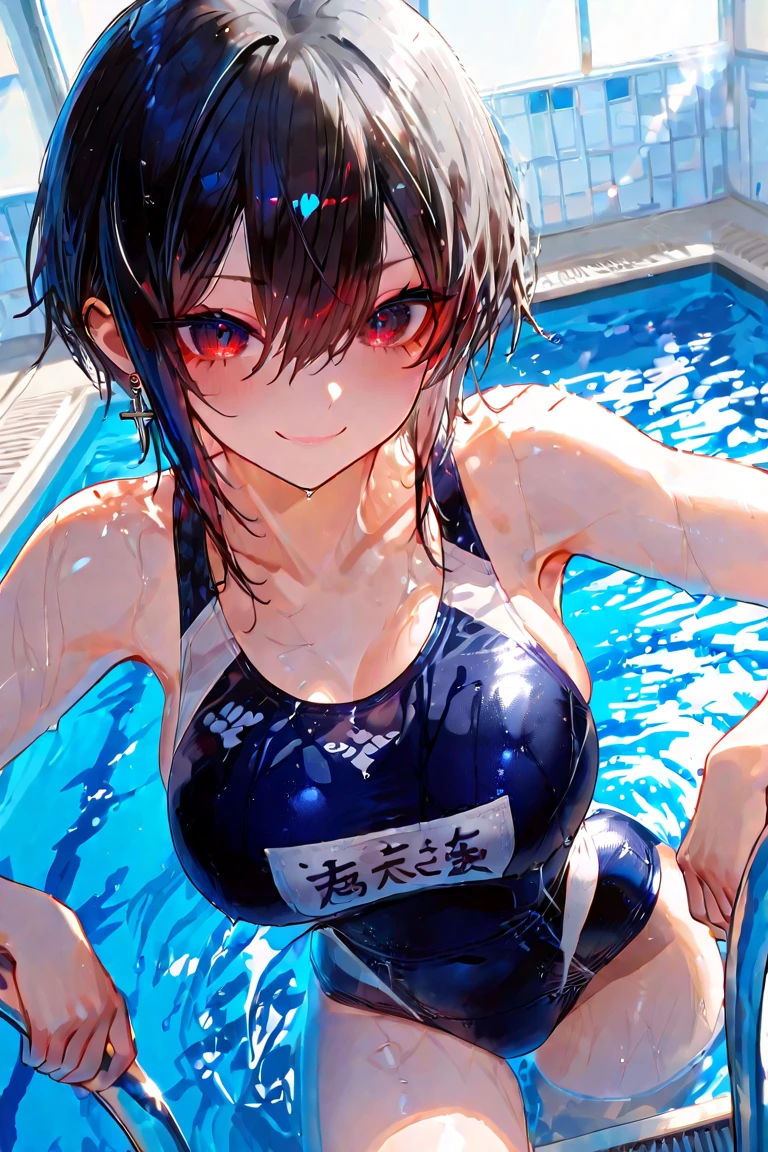 A 27-year-old female office worker enjoys her holiday at the indoor pool.、dark brownの髪色でロングボブヘアーです、A bikini with an overlapping layer of indigo cloth that covers from 4cm below the right collarbone to the bottom of the left nipple, and another layer of blue cloth that covers from 4cm below the left collarbone to the bottom of the right nipple.、blue bikini pants、I am wearing a transparent pareo.、The ceiling and walls are made of glass、You can see the night sky outside the glass、The lower half of her cleavage is hidden by cloth