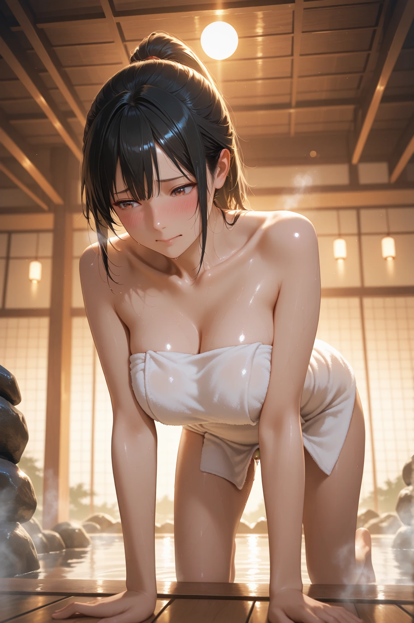 masterpiece, highly detailed, on the stage, onsen, mountain background, a victorian maid surrounded by a bunch of boys, ((bathtowel)), laying on rock, wet, cleavage, shocked, cautious, dark skinned, black hair, high ponytail, looking at viewer, volumetric lighting, bloom, global illumination, nsfw, <lora:CHAR-KakudateKarin:0.6>