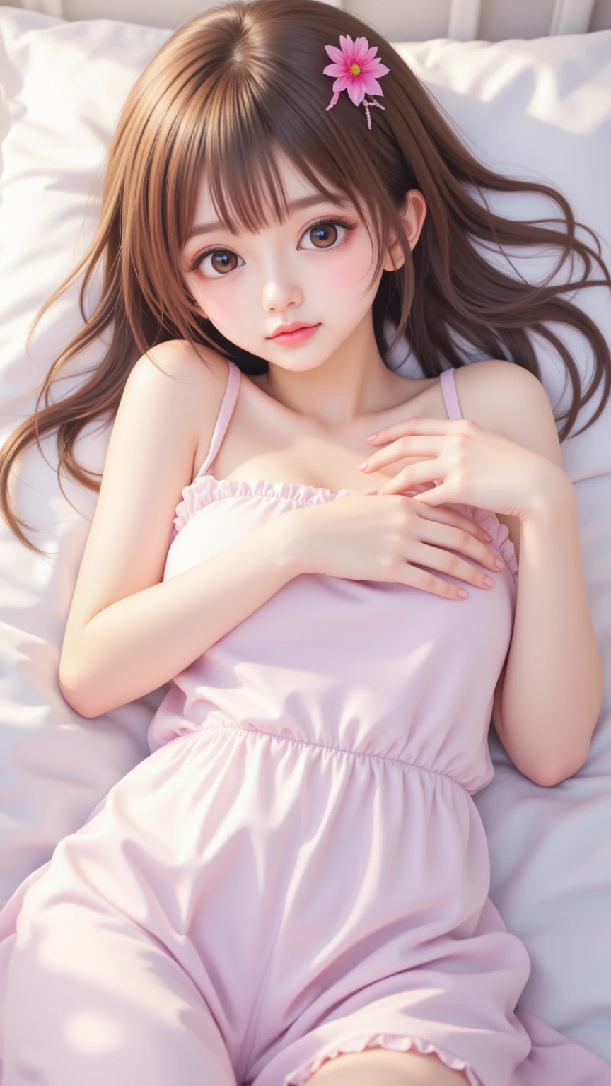 Sleeping Girl, 20 years old, Realistic,Wearing a red camisole,Open legs, Expressions of satisfaction and relief, Brown hair. Pink bed theme and some cute stuffed animals on the bed,An ultra-high picture quality,high-detail,Get up,