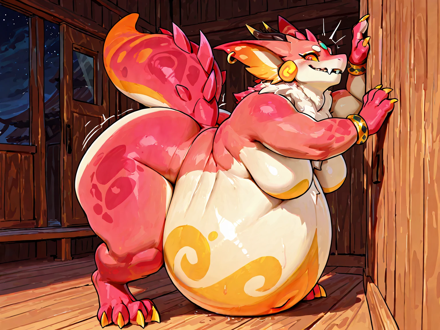 Dragon，Scalpel，Sticking out tongue，saliva，Pink body，Beautiful body lines，Thick and long tail，long hair，bellows，Full stomach，naked，Looking at my stomach，Dragon Face，belch，Muzzle，profile，