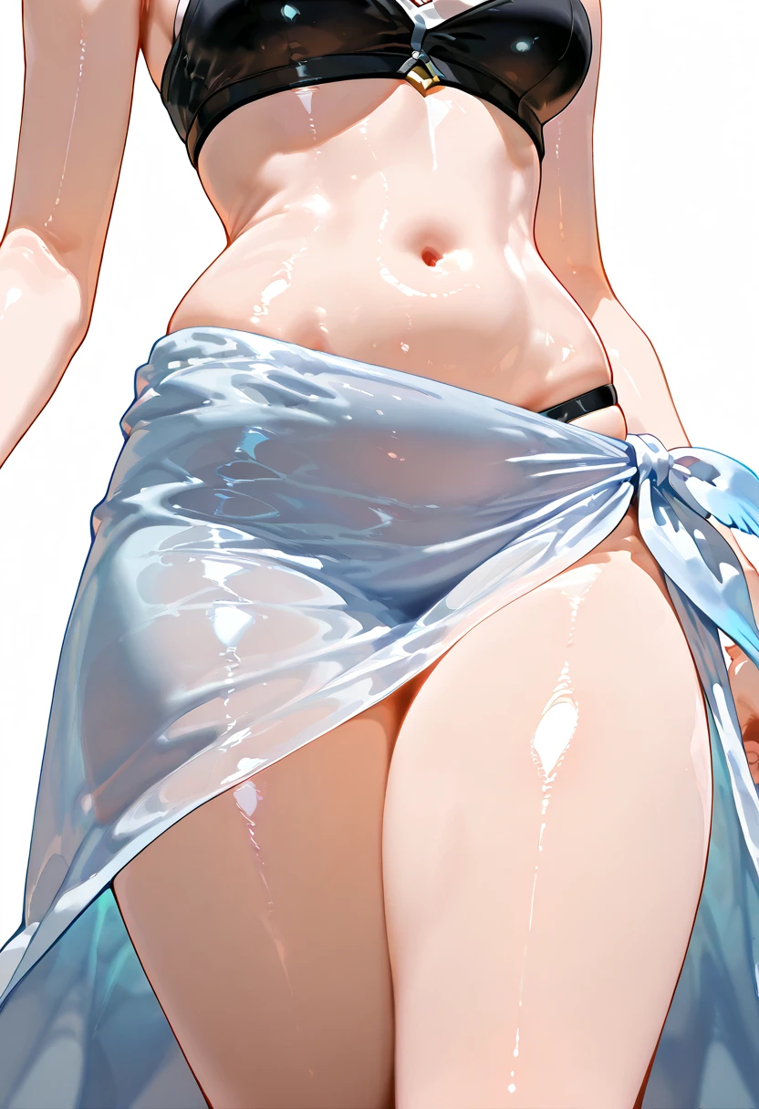 Adorable girl, round face, very kawaii, Solo , Slim , Medium Breasts , Short Stature . Glossy Skin . (((Half-naked))) . Dynamic Angle . No Background , White Background , looking at viewer, (((absurdrelushinasterpiece))), (((retina))), (((ponytail))), (((from below)))