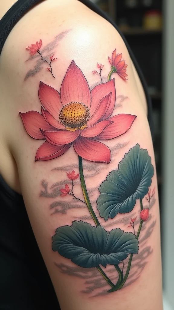 Unique medium lotus flower tattoos for couples, men and women