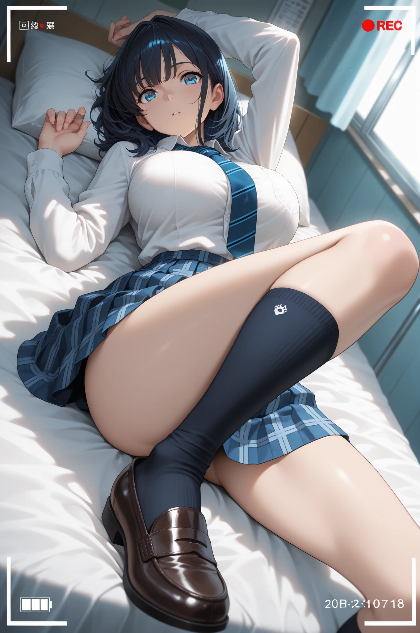 The ultra -The high-definition、Photorealistic image quality、on the beds、laying on back、Bend your knees and open your legs wide、a beauty girl、full body Esbian、Large full thorax buttocks from head to foot、animesque、Dark blue blazer、buttonopen、Red Check Ribbon、White blouse with white and pink horizontal stripes、Check Pleated Mini Skirt、Panties with white and pink horizontal stripes、Panchira、meaty thighs、White knee-high stockings、Perfect limbs、Crisp cracks