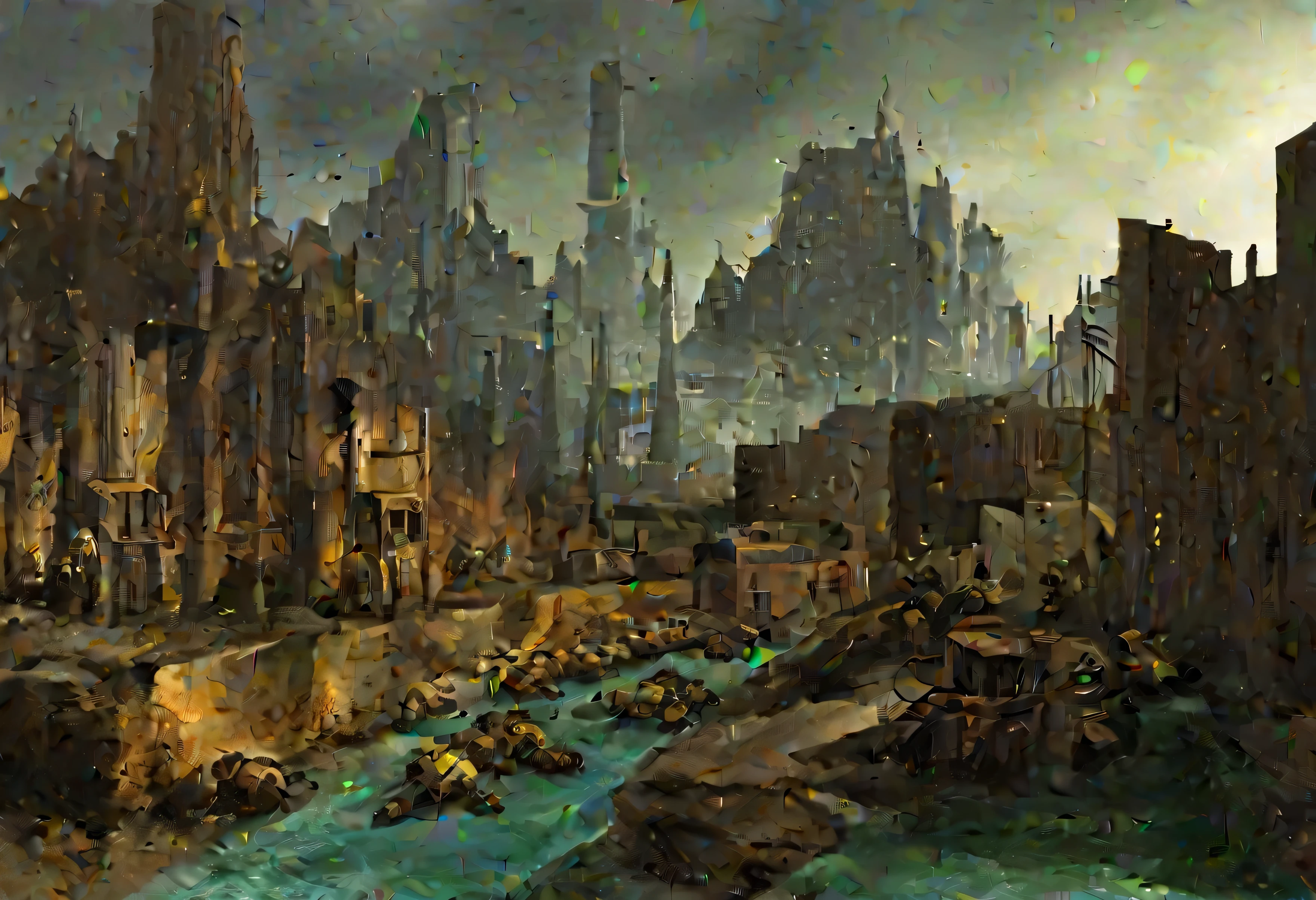 Digital art of a warhammer 40000 hive city, a water channel in the middle of the street surrounded by tall buildings