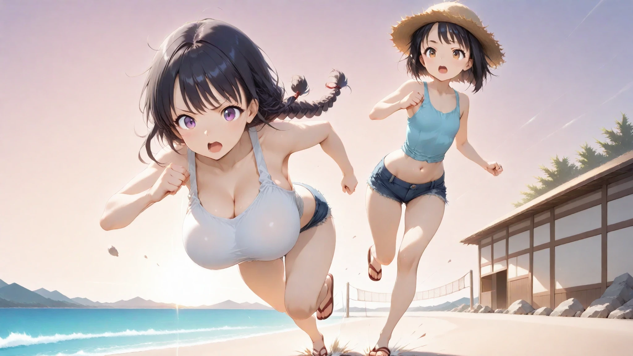 (Private 4K)、(High resolution:1.2)、(High freshness:1.2)、、(Full Body Evian:1.2)、(Huge, Lively, Fake breasts:1.4)、(Big breasted brave woman:1.6))、(Huge breasts in intense motion:1.7)、 ((Completely naked:1.8))、(Perfect body:1.8)、(Two women running at full speed:1.8)、Wide Hips, Thick thighs, Huge Ass、Skin dents、(barefoot:1.2)、(Great abs:1.4)、(Tight waist:1.4)、girl, (Dark Skin:1.6)、(Skin glowing with oil)、(Coastal sand beach:1.6)、