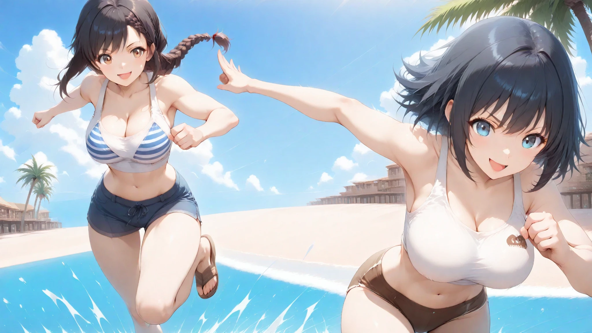 (Ultra flat, Flat Shading), Honors Type, Really blushing, 17 years old, (street Finding:1.5), Two Girls, (Finding:1.5), (High Kick:1.5),Wear White (High cut bikini swimwear:1.5), Wedge Shape:1.5, Camel Toe:1.7, Sneakers, Ponytail Brown Hair, Sweaty healthy body, Sweaty and soaked all over, barefoot, belly button, Ultra-realistic, Wind, On a crowded public beach,
