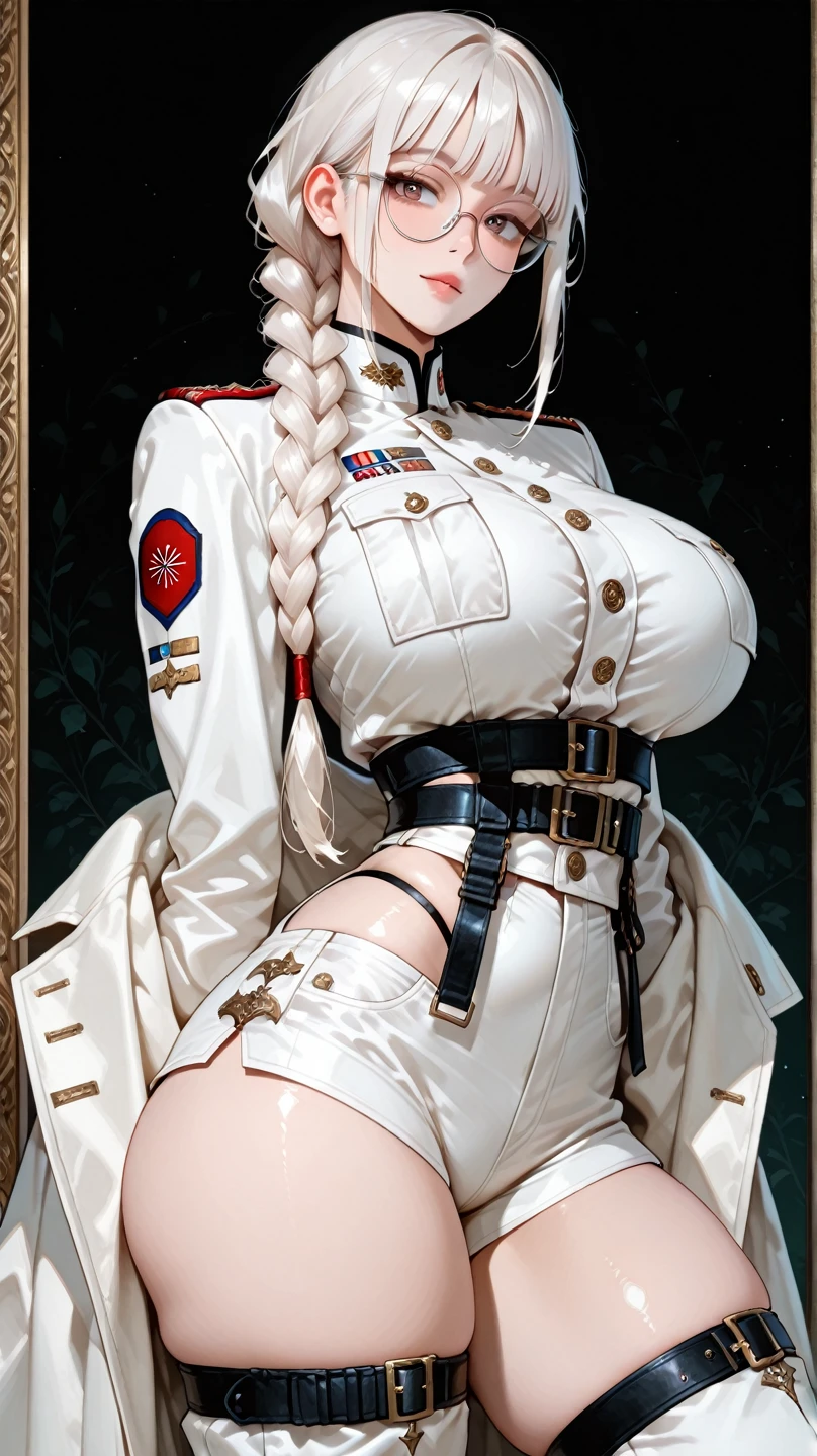 (ultra realistic,32k,RAW photo:1.1),(high detailed skin:1.1), 8k uhd, dslr, high quality, film grain,(makeup, mascara:1.1) , lips,(thick\lips\),
(shiny glossy translucent clothing:1.1),  <lora:mast-nikke-richy-v2:0.7>mastdef, hat, white coat, belt, epaulettes, shorts, cleavage, choker, black gloves, jacket on shoulders, (pink eyes:0.75), (huge breast:0.9), <lora:add_detail:0.84>,
arms behind back, leaning forward,
 (busty:1.1) ,  (chubby:0.1),(Specular highlight bioluminiscent  :1.1),<lora:LowRA:0.4>, dark theme ,blank background  ,(glowing lights  background:1.1)