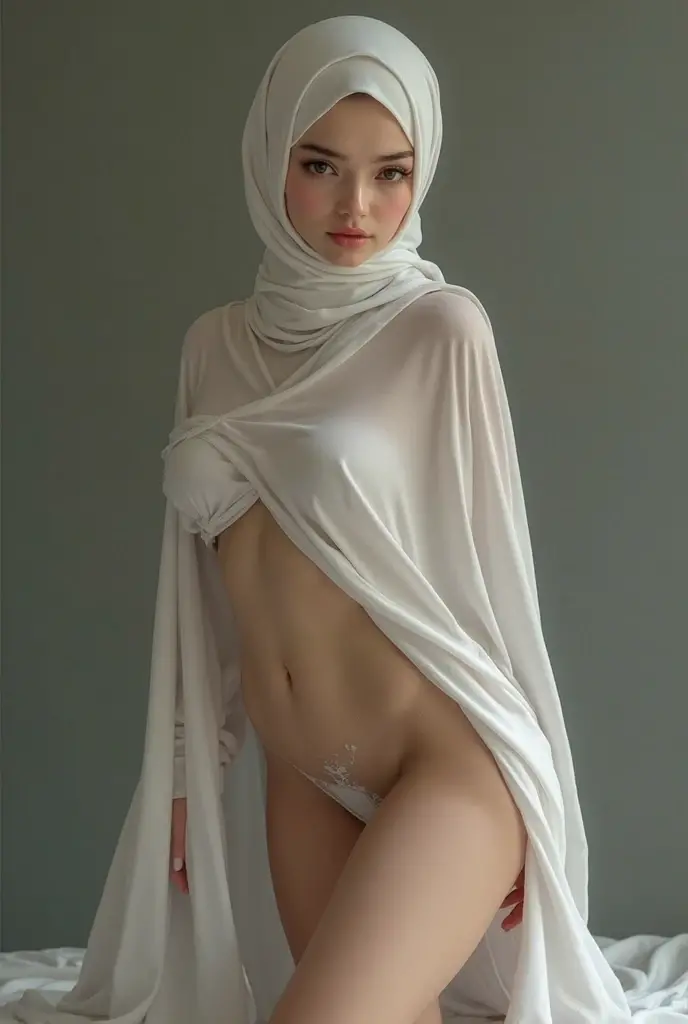 ((Thick lips:1.6)), (((SIDE BODY  PORTRAIT)))), HEAD TO HIPS, Naked, (((VERY SHINY SKIN))), Very cute like a baby face, bright brown skin with texture details, round blue eyes with shiny details, soft edges, soft light, muted colours, ((Stylish Hijab)), adorable, 1 korean girl, 20 years old, matured face, shy, worried face,  (face details: 1), (eye details: 1), ((round big breasts)), slim body small waist, dynamic multi angle pose, Sitting on bed. proportional body. Ultra High Res. (realistic: 1.9), UHD, ((SHINY SKIN :1.5)), realistic expression, biting lips, ((Shiny silk white hijab draping over her chest)), expensive silk hijab, see through transparent, side boobs visible, wearing nothing but hijab, ((no clothes)), ((navel ring)), slim waist naked, (huge breasts 1.6), (OVERSIZE NIPPLES), erected nipples, Half body shot, side view, right shoulder facing camera, ((Back arch)), looking to the side