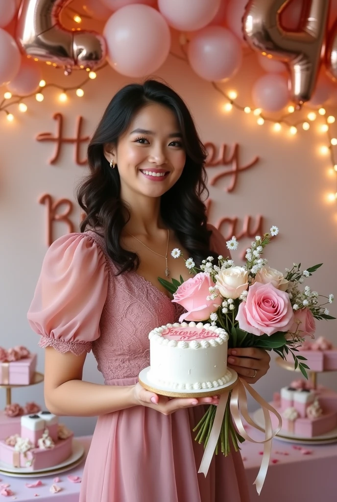 Make a very beautiful and sweet Indonesian woman, ideal body 22 years old, brown hair dressed in a soft pastel pink dress. surrounded by flowers. wearing a soft pink dress, pastel colors, tassels and ribbon ruffles, fantasy dress, wearing a soft pink dress, pastel colors, soft party dress, pastel colors, soft pink romantic tutu, pastel colors, magic dress, soft pink dress, pastel colors , in soft pastel pink or purple long dress, wearing a beautiful dress, soft pastel pink tutu, wearing a soft pastel pink romantic tutu. Both hands are holding a very beautiful and delicious-looking birthday cake with a beautiful and luxurious two-tiered design with a white base color, there is a picture of a beautiful Indonesian woman wearing a matching dress. smile softly and sweetly. The side is decorated with white mauve pink roses and small white pearls. The cake was placed on a table covered with silver cloth, and on the cake was the words "Happy Birthday" "Amel" the writing must be clear and correct