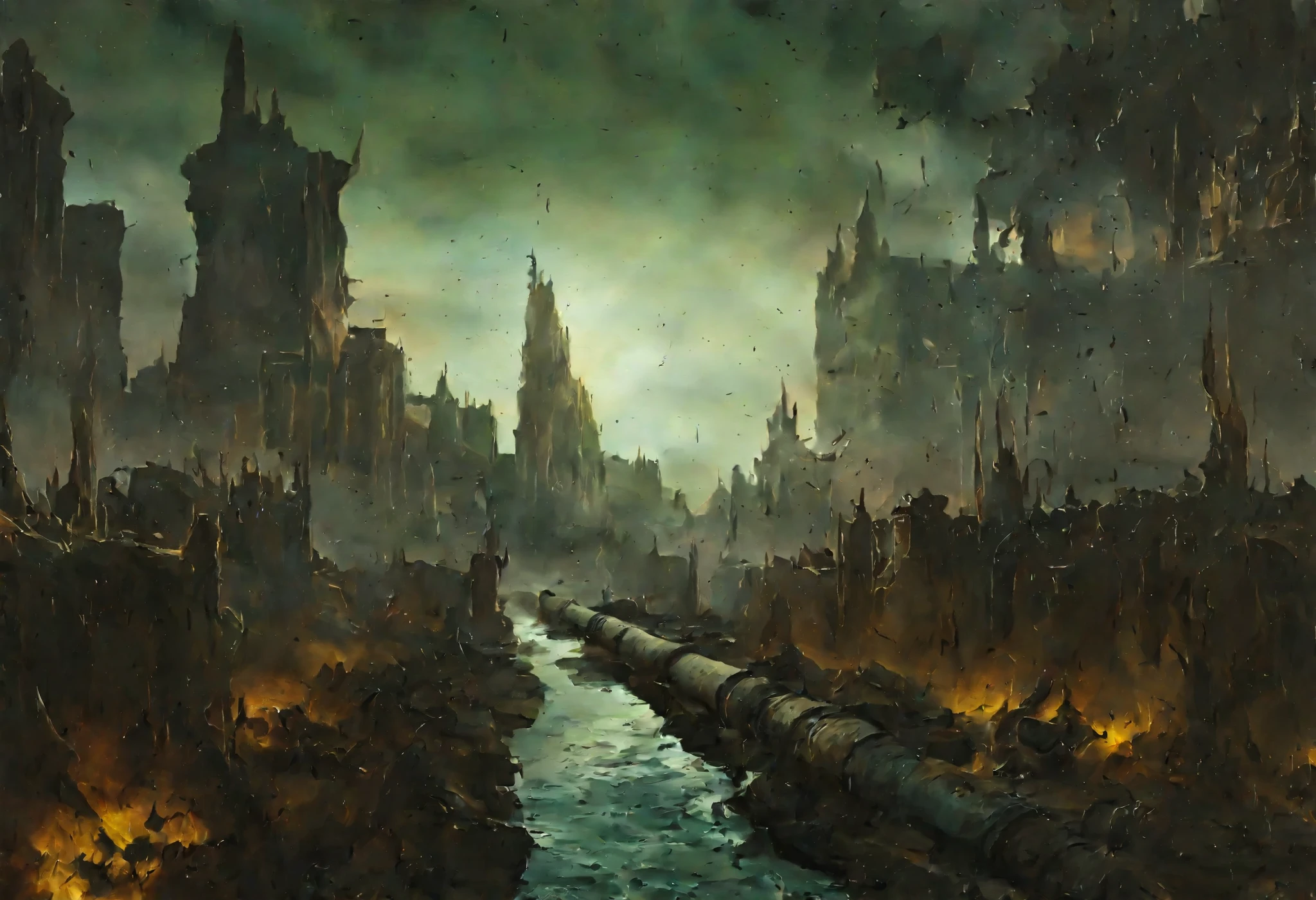 Digital art of the hive city warhammer 40000, water channel in the middle of the street surrounded by tall buildings, image quality 4K