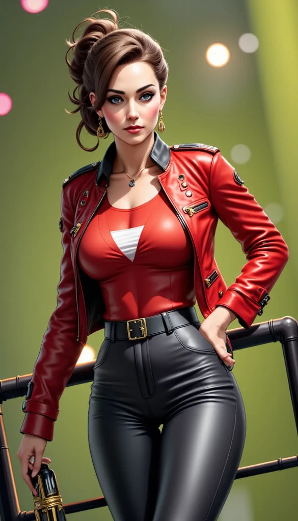 a woman,BeloBetty, sunglasses, hat, red outfit, portrait, medium breasts, thick thighs, small waist, curvy, wearing red mini-skirt, highly detailed hair, detailed clothes, high quality artwork, 12k quality, cinematic light, dynamic light