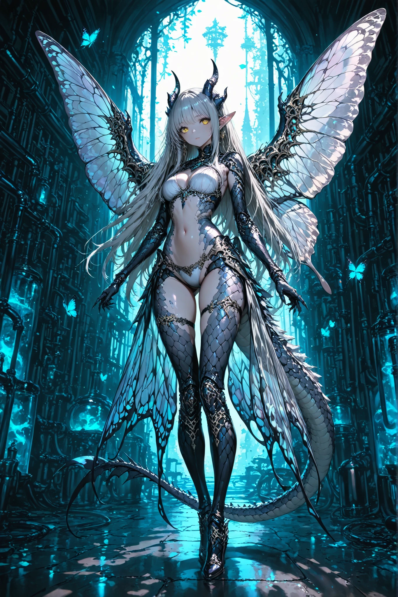 top quality, masterpiece, super high resolution, 1 girl, Chimera, Fantasy, with butterfly wings, Dragon's Horn and Tail, Beast Ears, Beast limbs, Insect Joints, Scaled Skin , Golden Eyes, Long Silver Hair, Graceful Posture, Translucent wings, Dark Abandoned Laboratory, mysterious