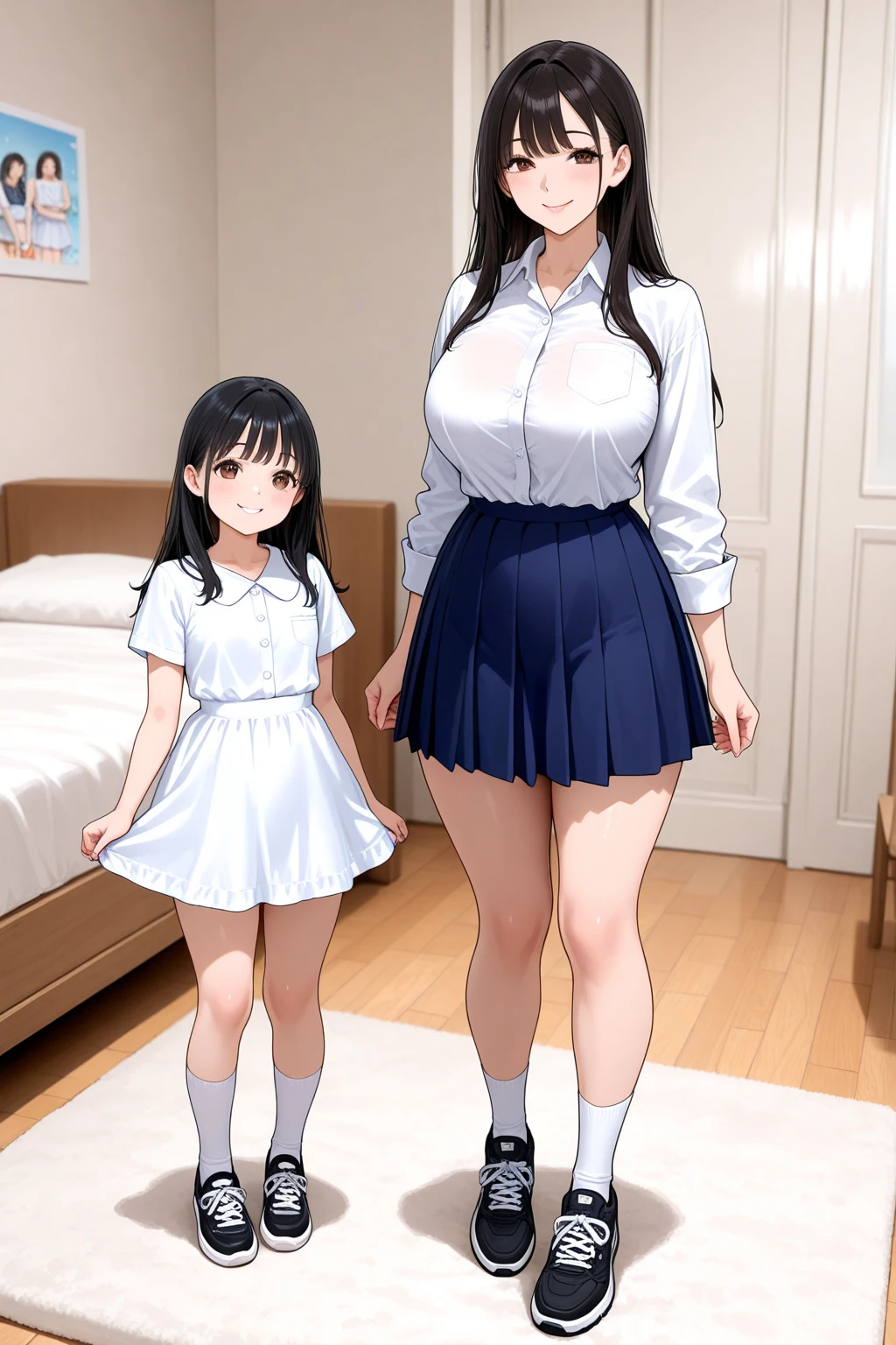 Ultra realistic 7 years old, two girls, obra maestra, mejor calidad, alta calidad, defined, detailed, HD, (piel morena), ojos definidos, ojos cafes intensos, long eyelashes, small mouth, sonrisa, :3, very long hair, pelo liso, pelo oscuro, cuerpo reducido, bosom barely contained, big breasts, sexy, posando foto, estudio, mini skirt, sin sostenes, no bra, excitada, pezones erectos, nice view, full body, nice body, nice hands, nice fingers, perfect fingers, abierto, mojada, sudada, caliente, tight, sonrojada, nice legs, no socks, sin flequillo, peinada hacia atras, pose lasciva, petites, ((no skirts)), sexy clothes, sisters, hot sisters, back view, camera from behind, lean, unaware, no panties, fighting, lucha libre