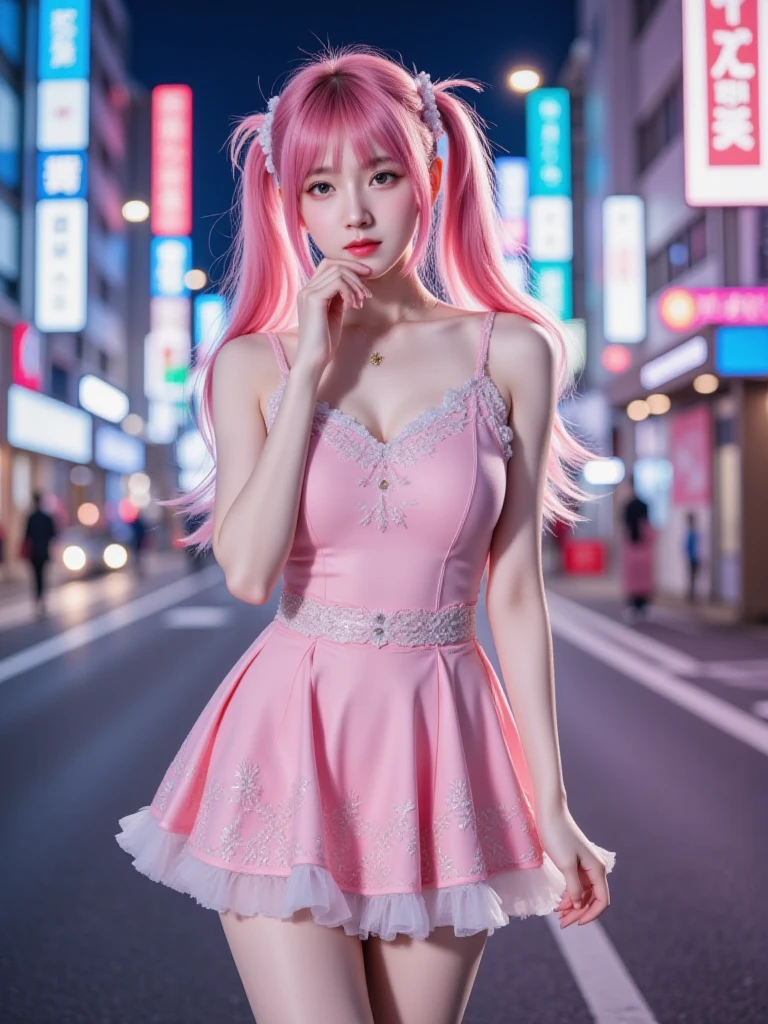 ((masterpiece, Highest quality:1.2)), ((Photorealistic)),diamond_good,One girl,3d,bangs,Pink Hair,blunt bangs,In the city at night,Big eyes,on body,on hair,Depth of written boundary,facial,lips,Long Hair,Ample breasts,Motion Blur,Twin tails,alone,Full body shot from head to toe,upright,smile、White casual dress、Spread your legs a little、High heels