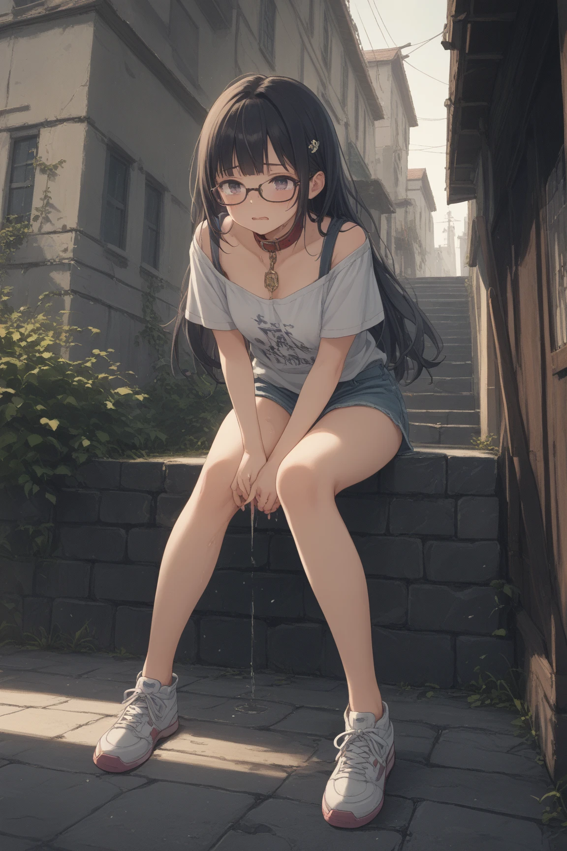 (masterpiece, best quality:1.4), realistic illustration, outdoors, park, from below, 1 mature female, 30 years old, solo, sitting on bench, short checked skirt, white panties, sneakers, glasses, pony tail,  looking down at viewer, multicolored hair, gradient hair, flower, hair ornament, bare shoulders, closed mouth, white panties,  nice hands, perfect hands,