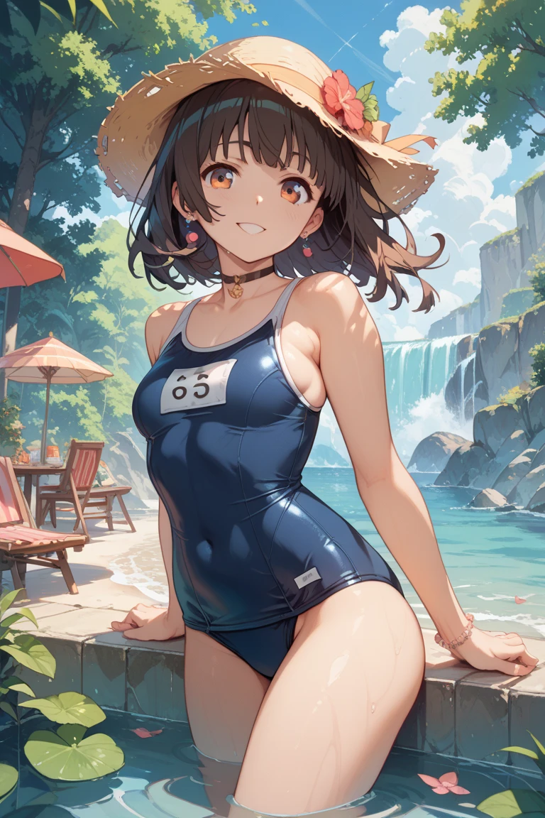 masterpiece、Mastepiece、girl、Random hairstyle、Clear eyes、Smiling at the audience、Perfect proportions、full body shot、Slightly larger breasts、Random Swimsuit、Sexy pose、The background is a river
