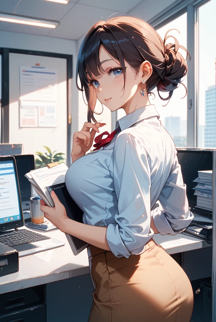 japanese, solo, large breasts, brown hair, bangs, pout,  (natural make:1.2), dynamic angle, high res, (photo realistic:1.2), (highly detailed:1.1), desk, Tight skirt business suit, office chair, (computer), detail brassiere, delicate background, bokeh, professional lighting, physically-based rendering),((backshot)),

